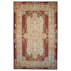 1990s French Handwoven Aubusson Ornamental Carpet in Red and Ochre Colors