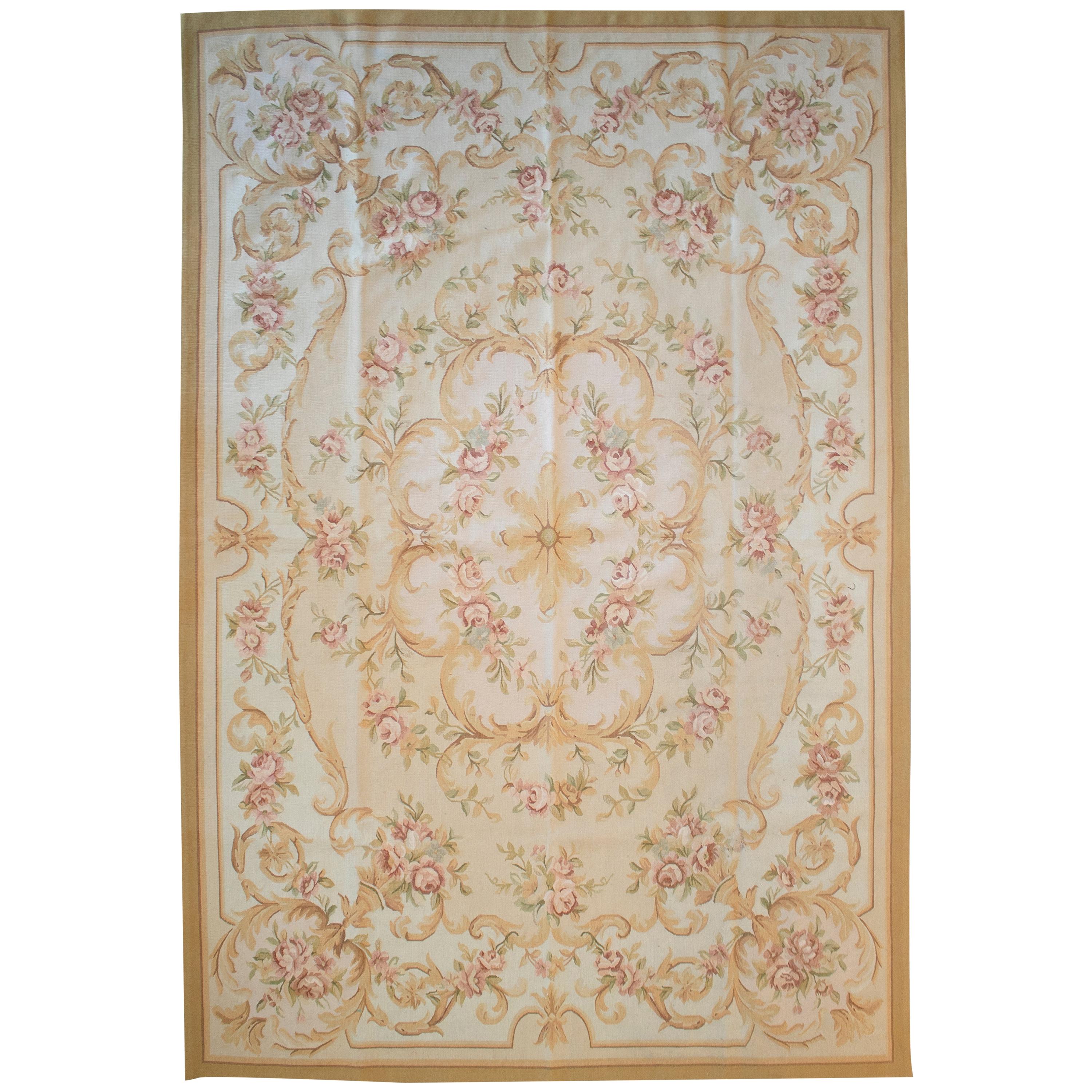1990s French Hand Woven Beige Aubusson Carpet with Ornamental Flower Decorations
