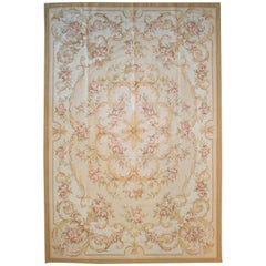 Vintage 1990s French Hand Woven Beige Aubusson Carpet with Ornamental Flower Decorations