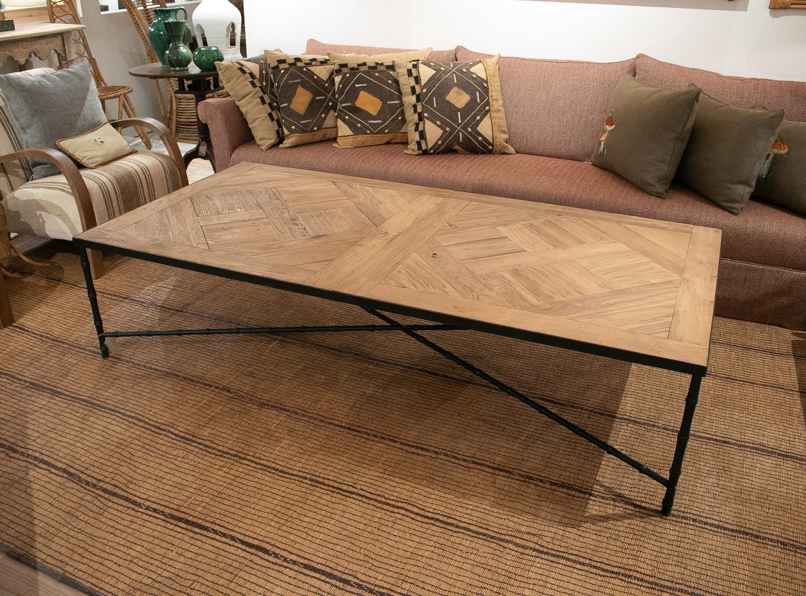 1990s French Iron Coffee Table w/ Oak Parquet Top 3