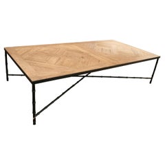 1990s French Iron Coffee Table w/ Oak Parquet Top