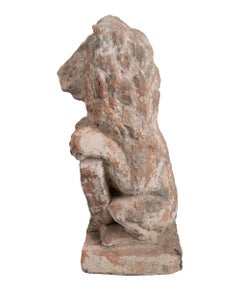 1990s French Natural Terracotta Lion w/ Shield Garden Sculpture