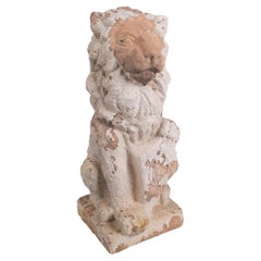 Used 1990s French Natural Terracotta Lion w/ Shield Garden Sculpture