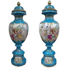 Vintage 1990s French Pair of Blue Hand Painted Porcelain Table Vases with Scenes