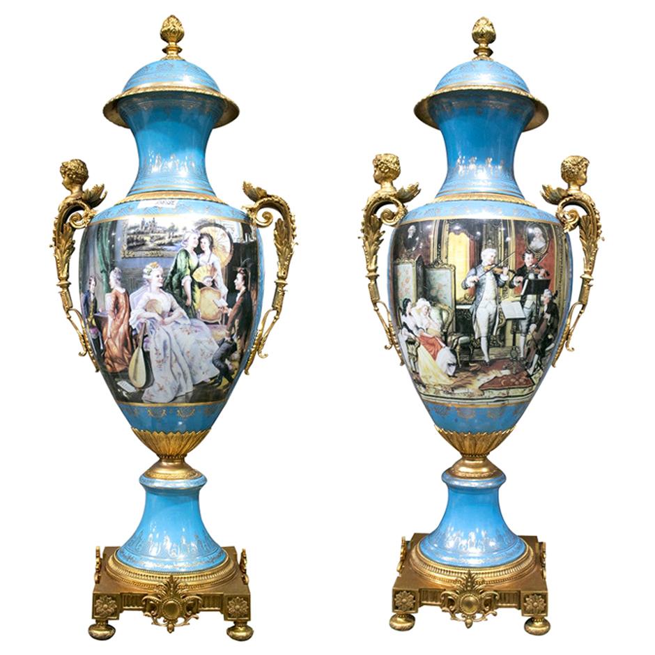 1990s French Pair of Hand Painted Porcelain and Bronze Table Vases with Scenes