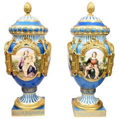1990s French Pair of Hand Painted Porcelain Table Vases with Scenes