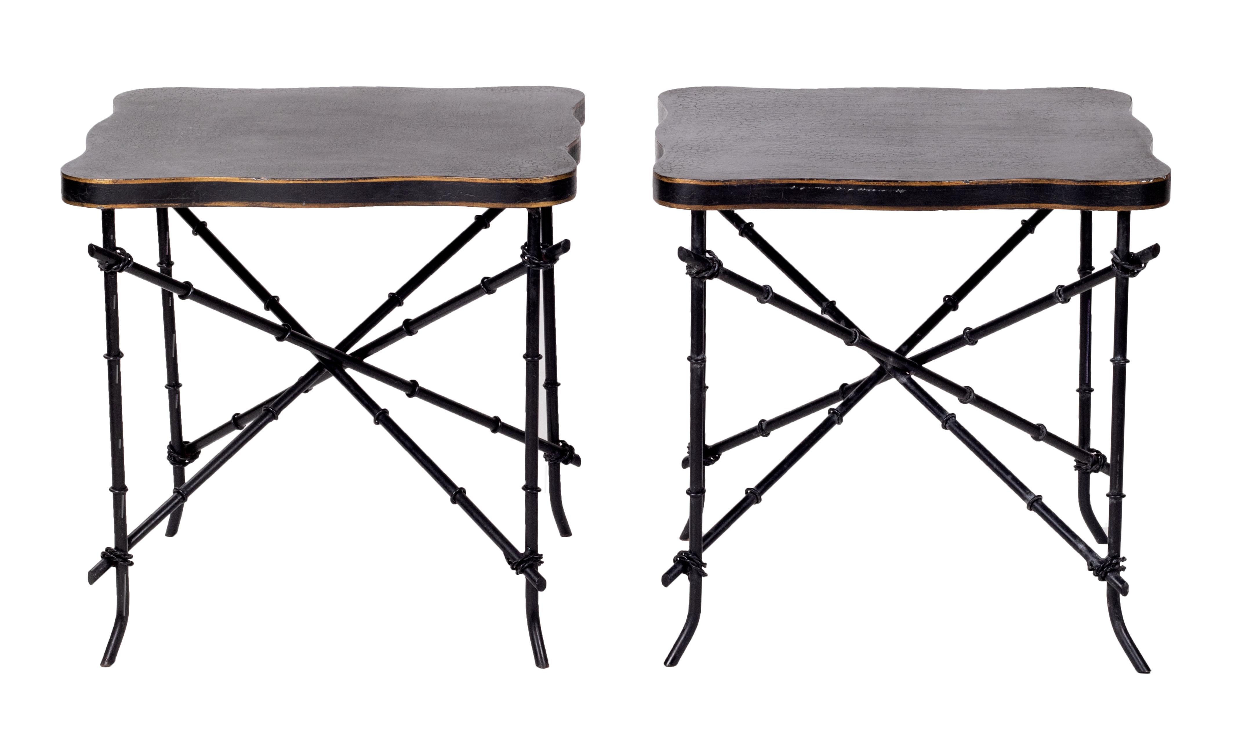 1990s French pair of iron base and wooden top black sides tables.