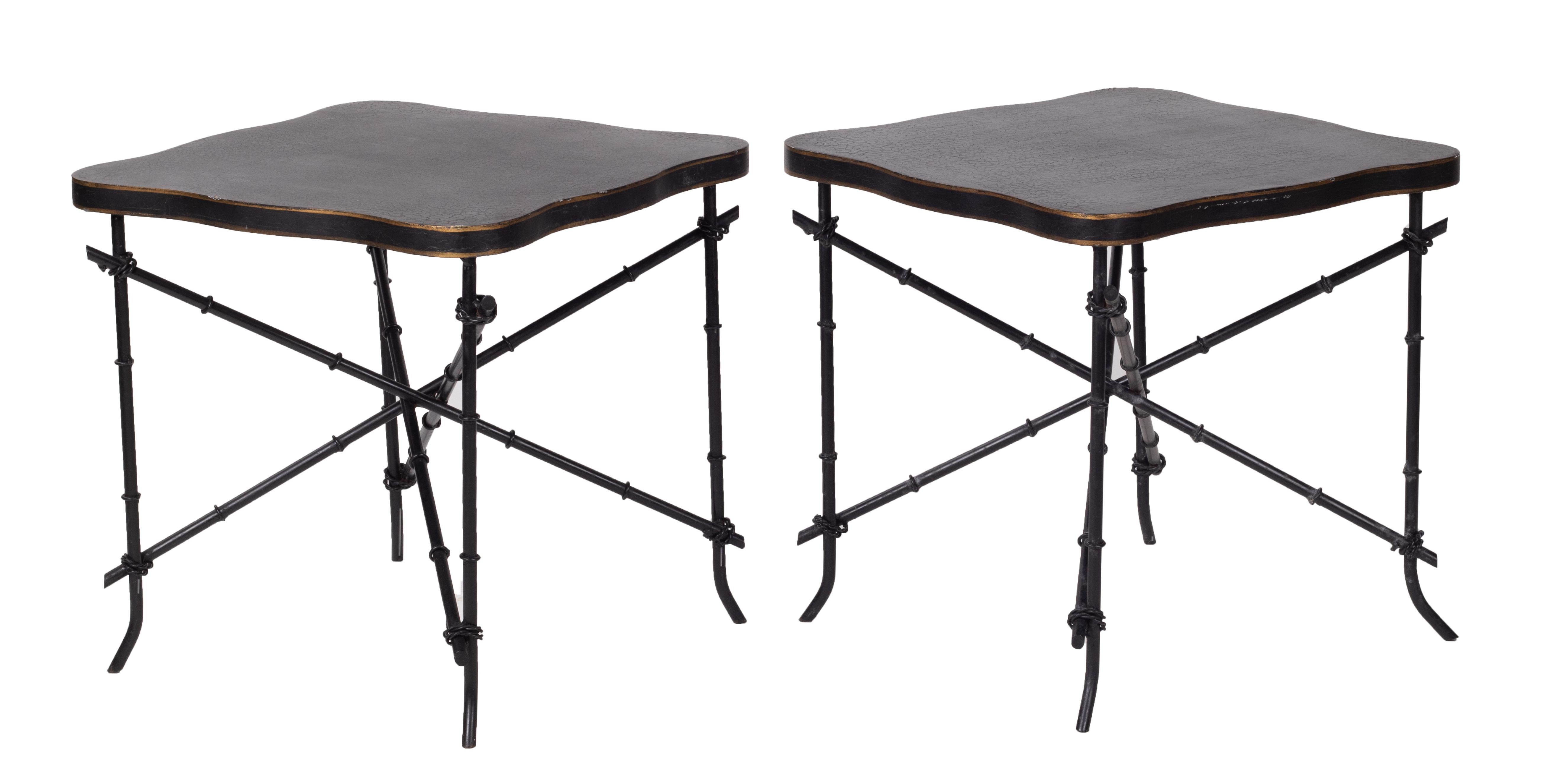 1990s French Pair of Iron Base and Wooden Top Black Side Tables In Good Condition In Marbella, ES