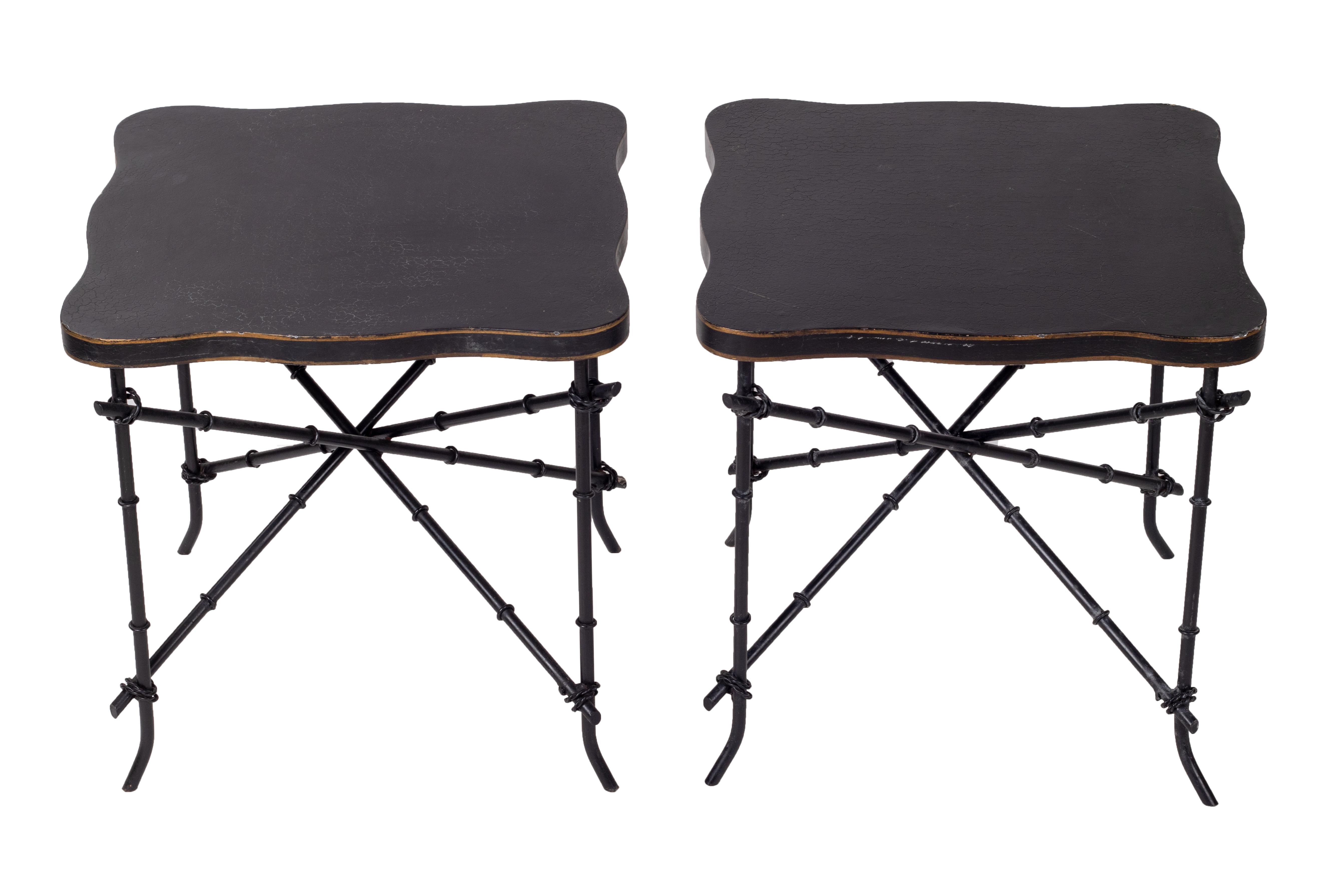 20th Century 1990s French Pair of Iron Base and Wooden Top Black Side Tables
