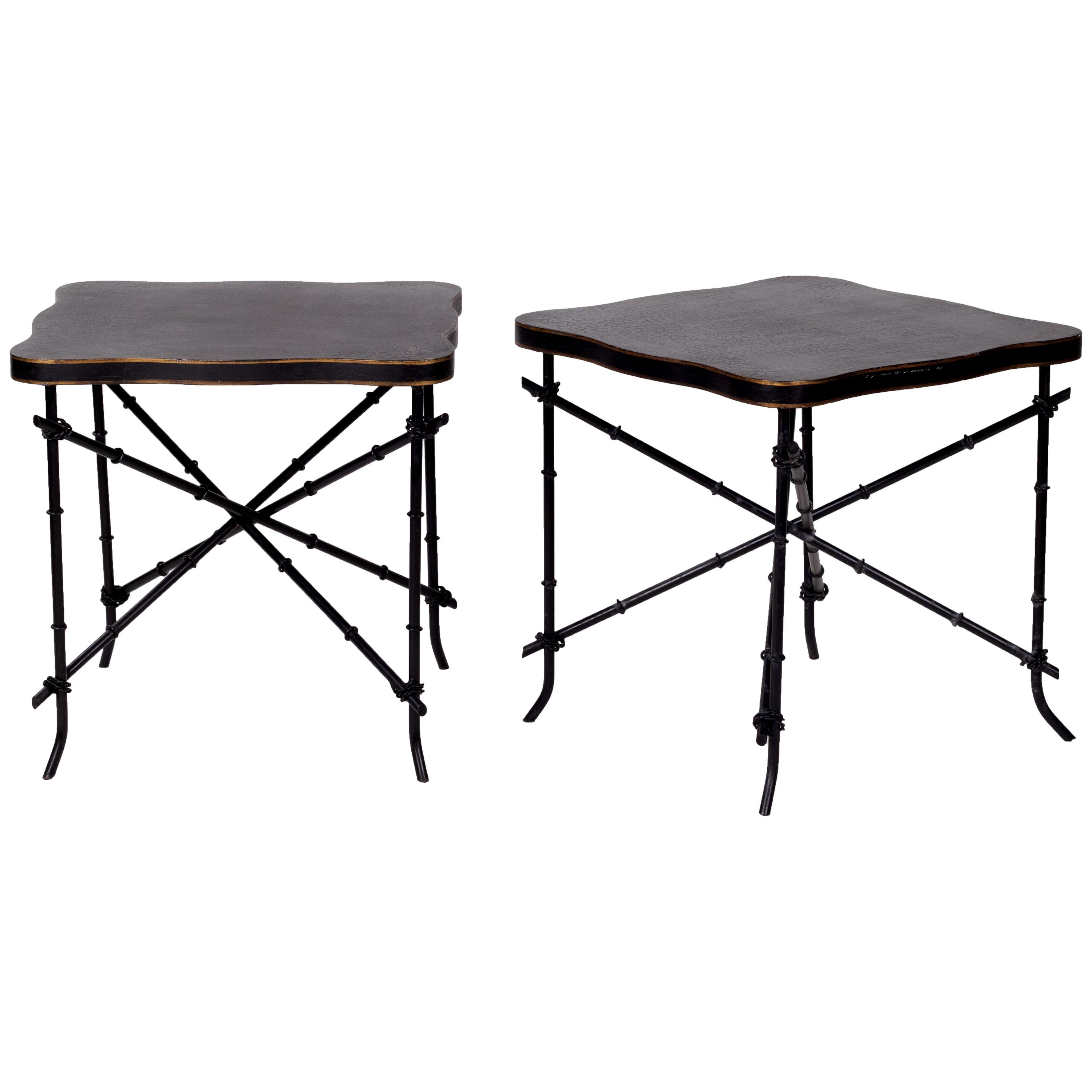 1990s French Pair of Iron Base and Wooden Top Black Side Tables