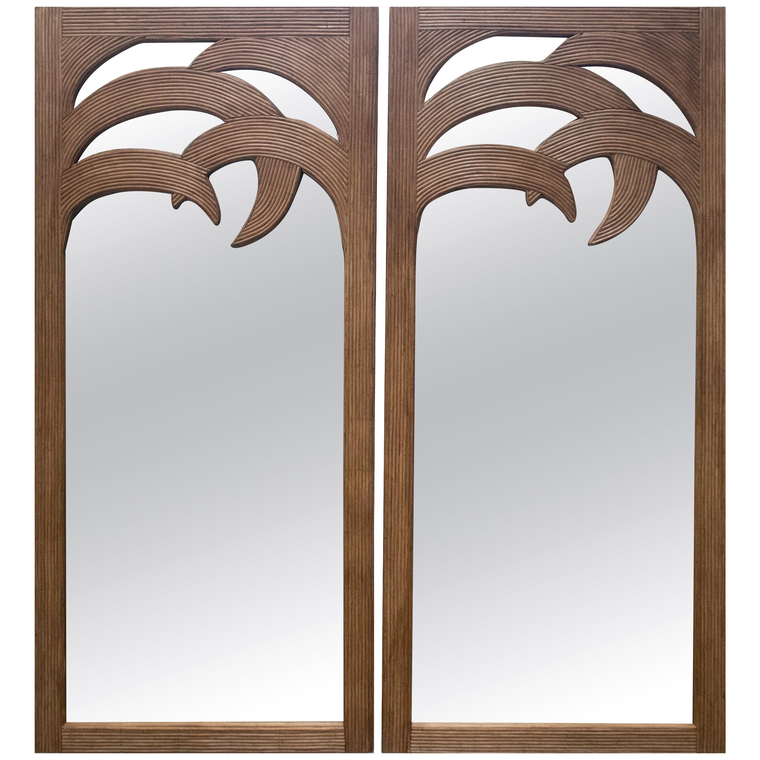 1990s French Pair of Palm Shaped Bamboo Mirrors