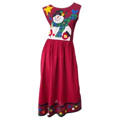 1990s Frosty the Snowman Cotton Novelty Button Christmas Vintage 90s Midi Dress