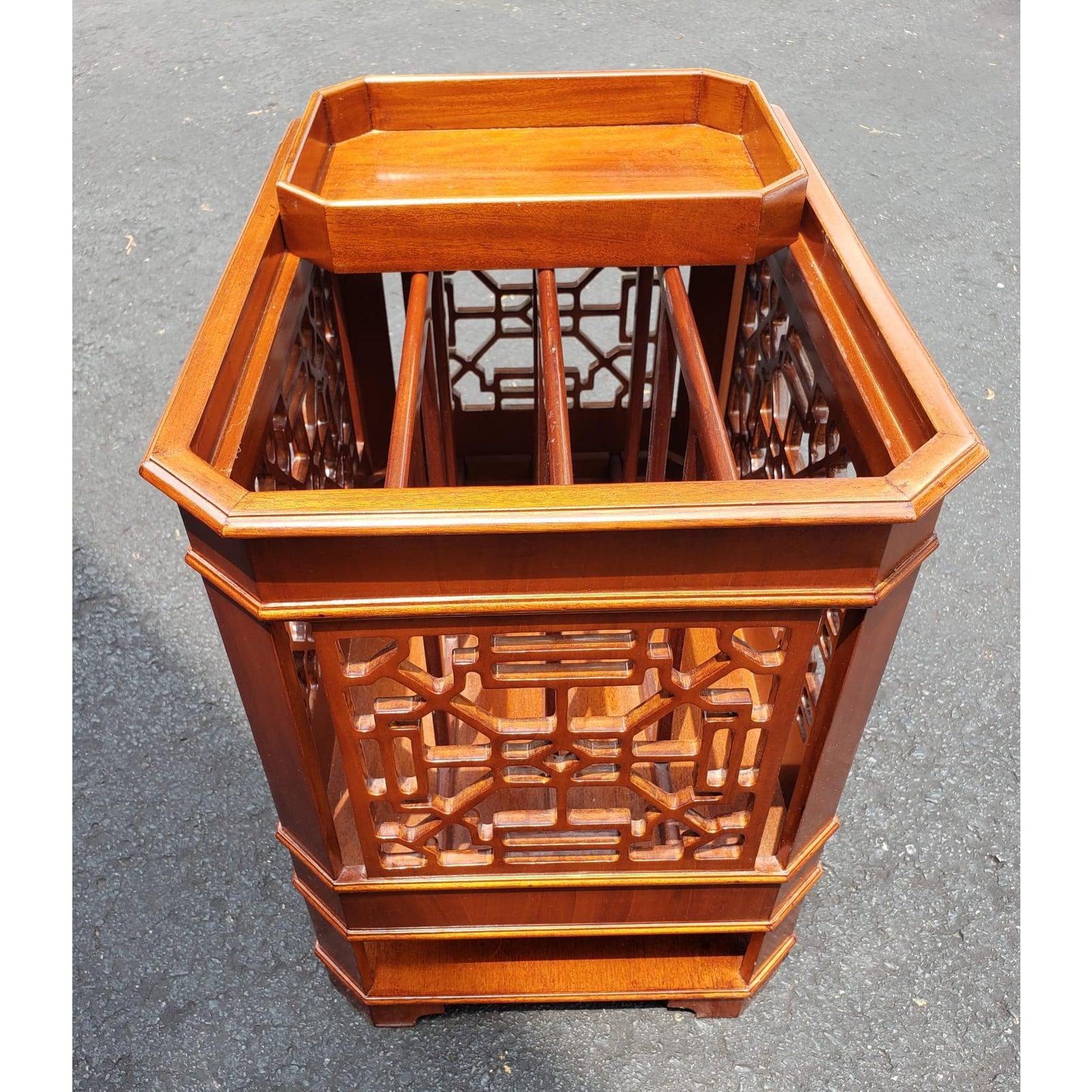 Luxurious Fruitwood Chippendale Magazine Rack with sliding tray. Asian carved accent. 
Measures: 19.5