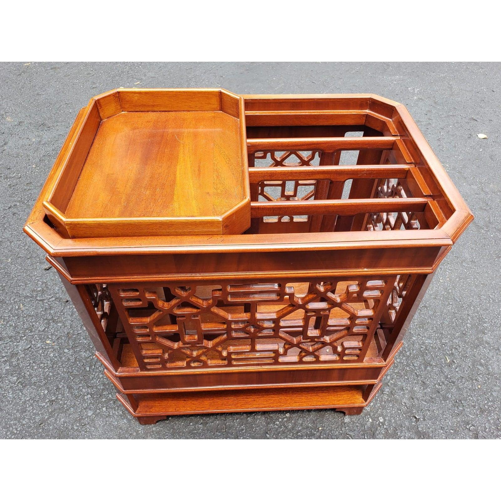 Chinese Chippendale 1990s Fruitwood Chippendale Magazine Rack with Sliding Tray For Sale