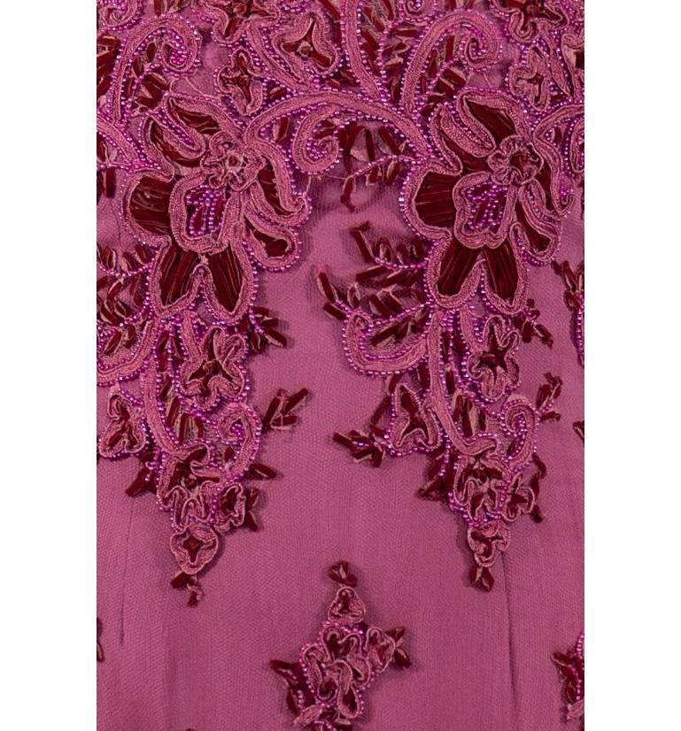 1990S Fuchia Beaded Silk & Nylon Chantilly Lace Gown For Sale 5