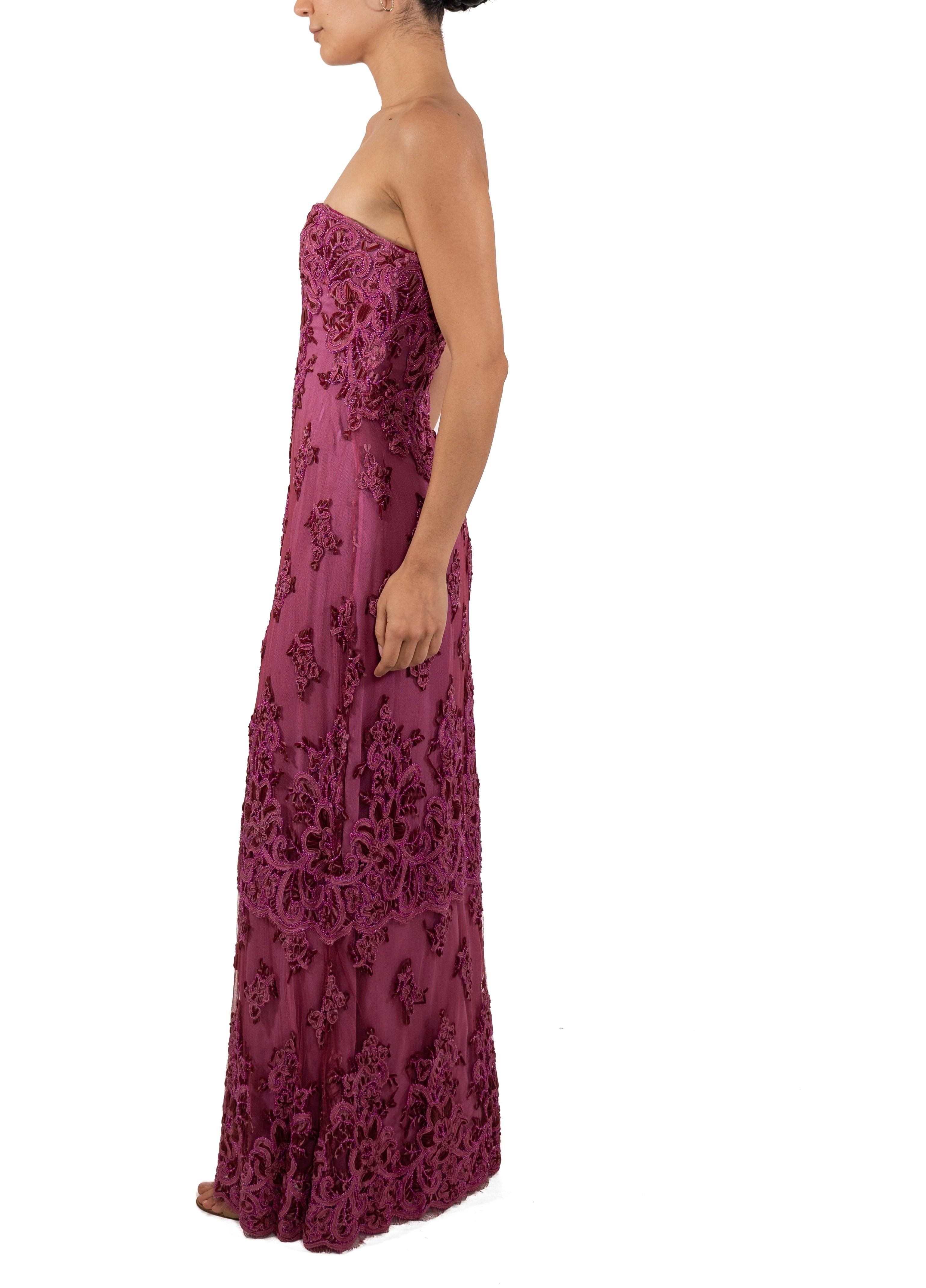 This gown retains no label, however the amount of hand-finishing points to Haute Couture or custom made quality, fully lined in silk. 1990S Fuchia Beaded Silk & Nylon Chantilly Lace Gown 