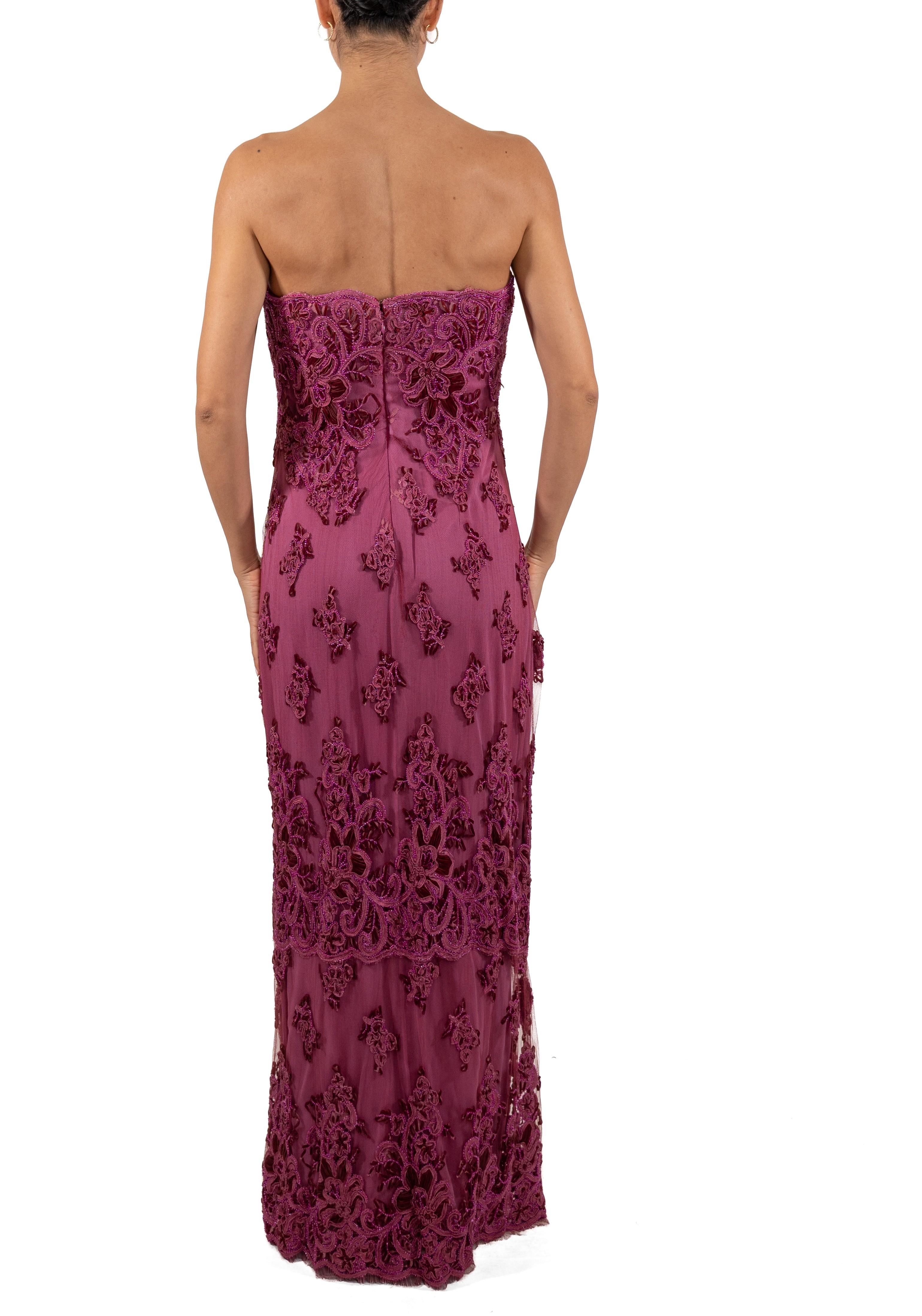 Brown 1990S Fuchia Beaded Silk & Nylon Chantilly Lace Gown For Sale