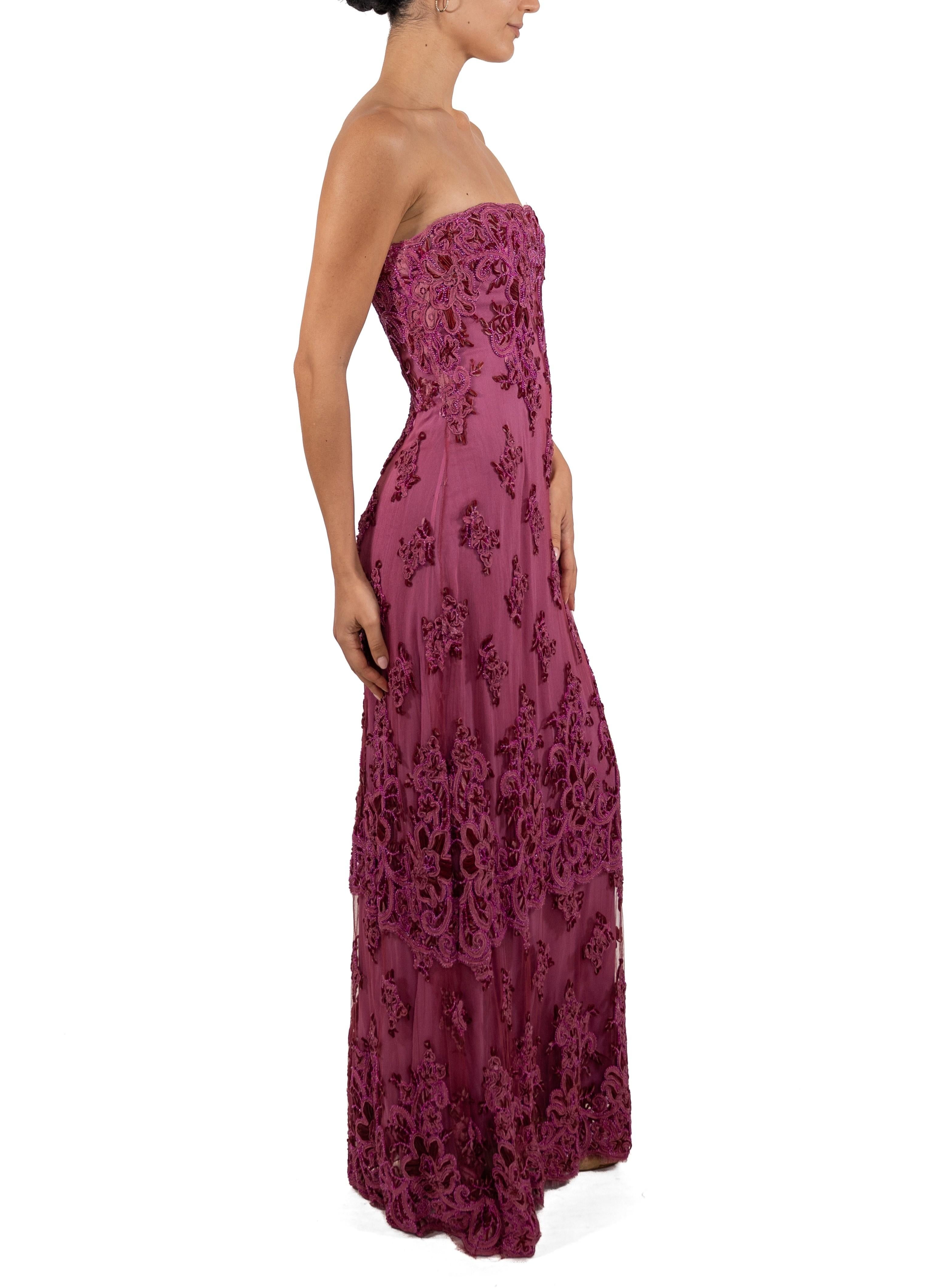 1990S Fuchia Beaded Silk & Nylon Chantilly Lace Gown In Good Condition For Sale In New York, NY