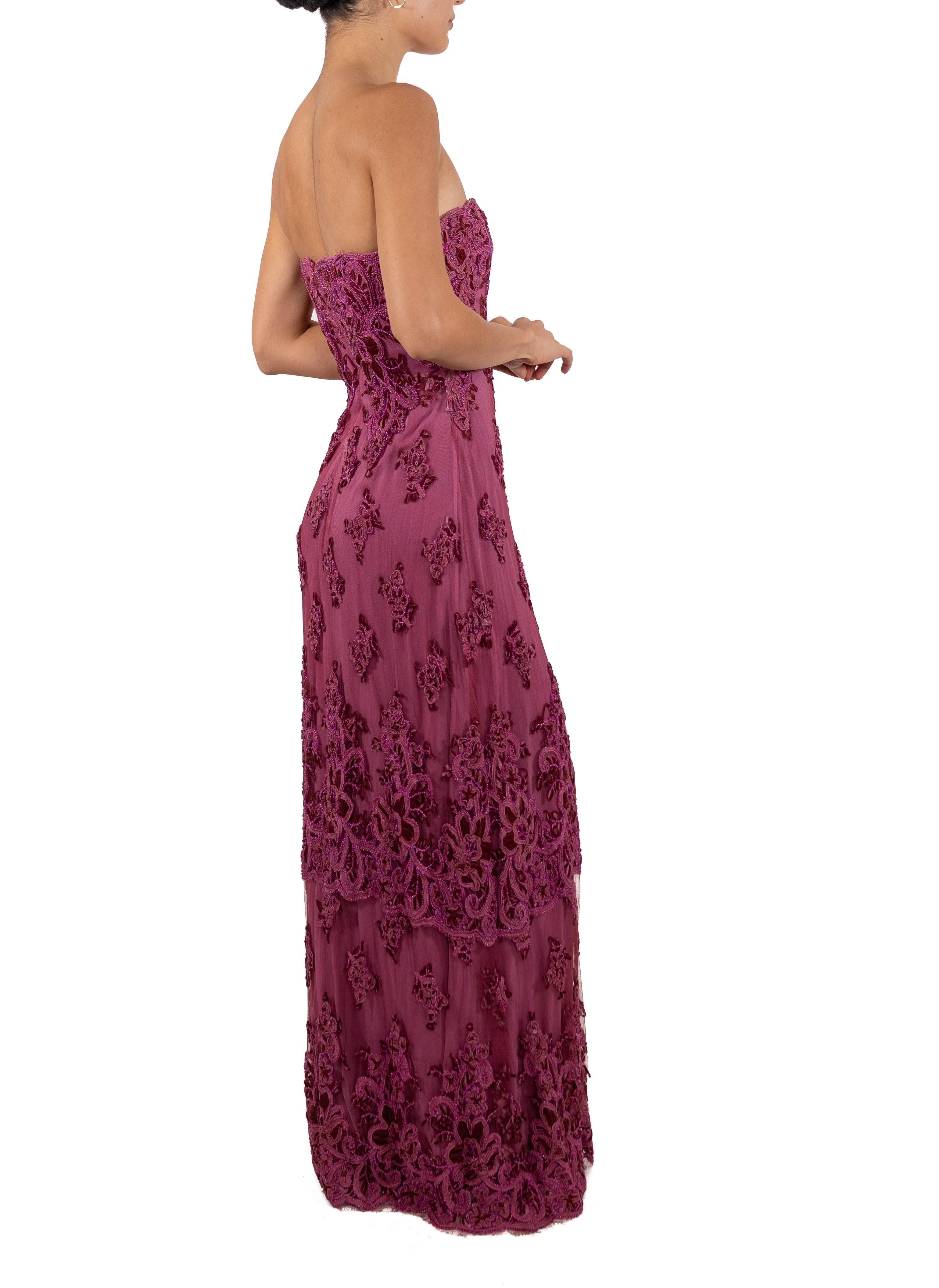 Women's 1990S Fuchia Beaded Silk & Nylon Chantilly Lace Gown For Sale