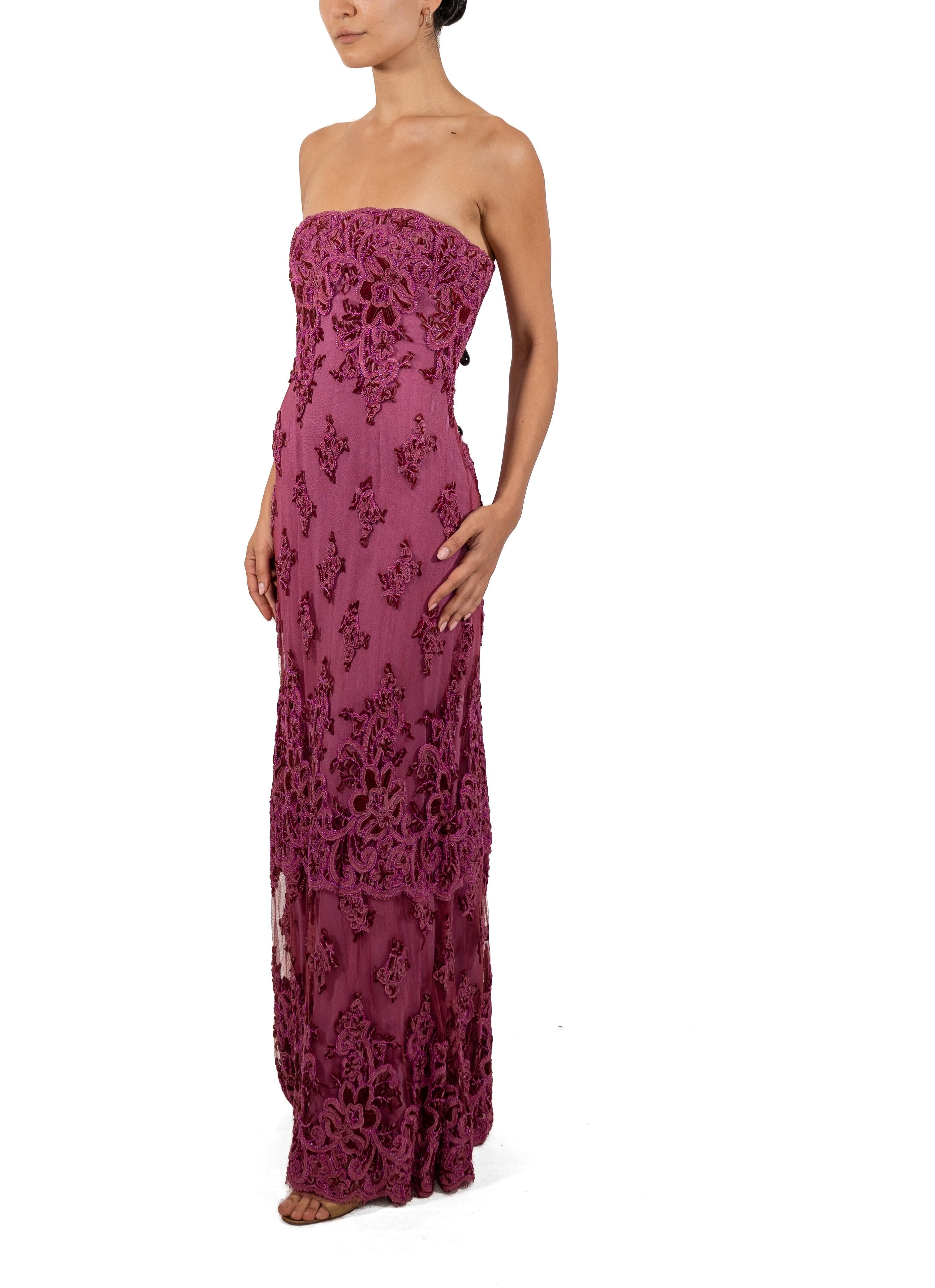 1990S Fuchia Beaded Silk & Nylon Chantilly Lace Gown For Sale 1