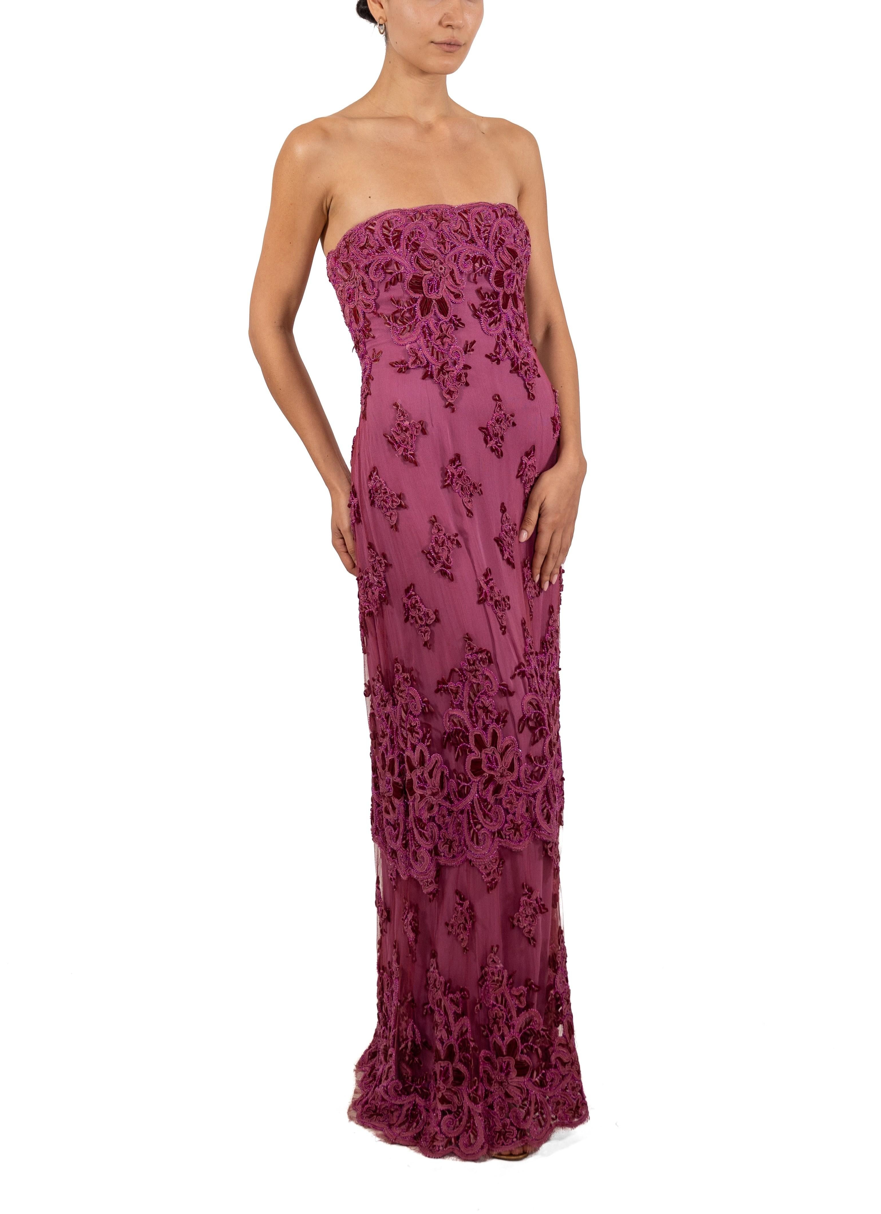 1990S Fuchia Beaded Silk & Nylon Chantilly Lace Gown For Sale 2