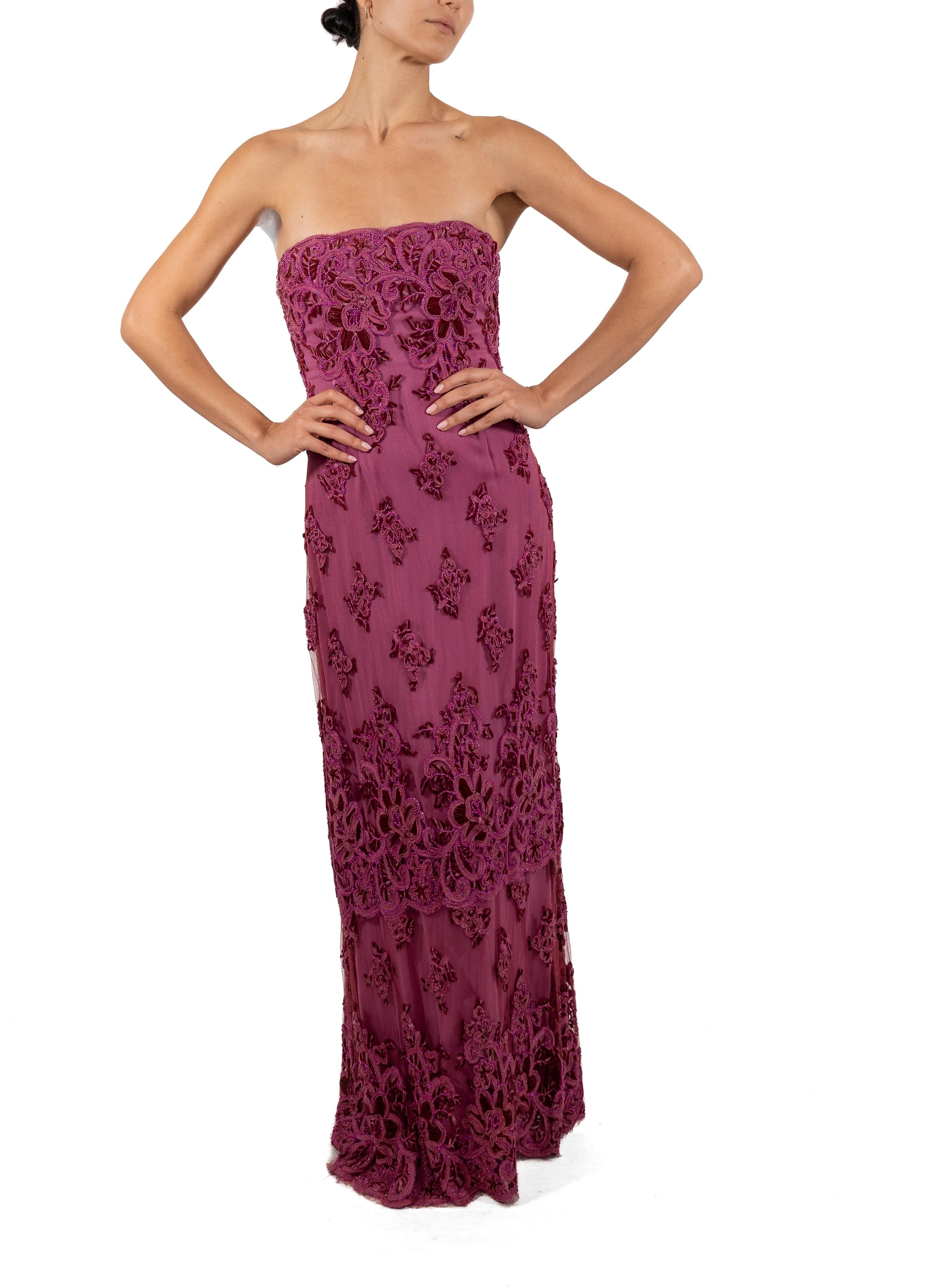 1990S Fuchia Beaded Silk & Nylon Chantilly Lace Gown For Sale 3