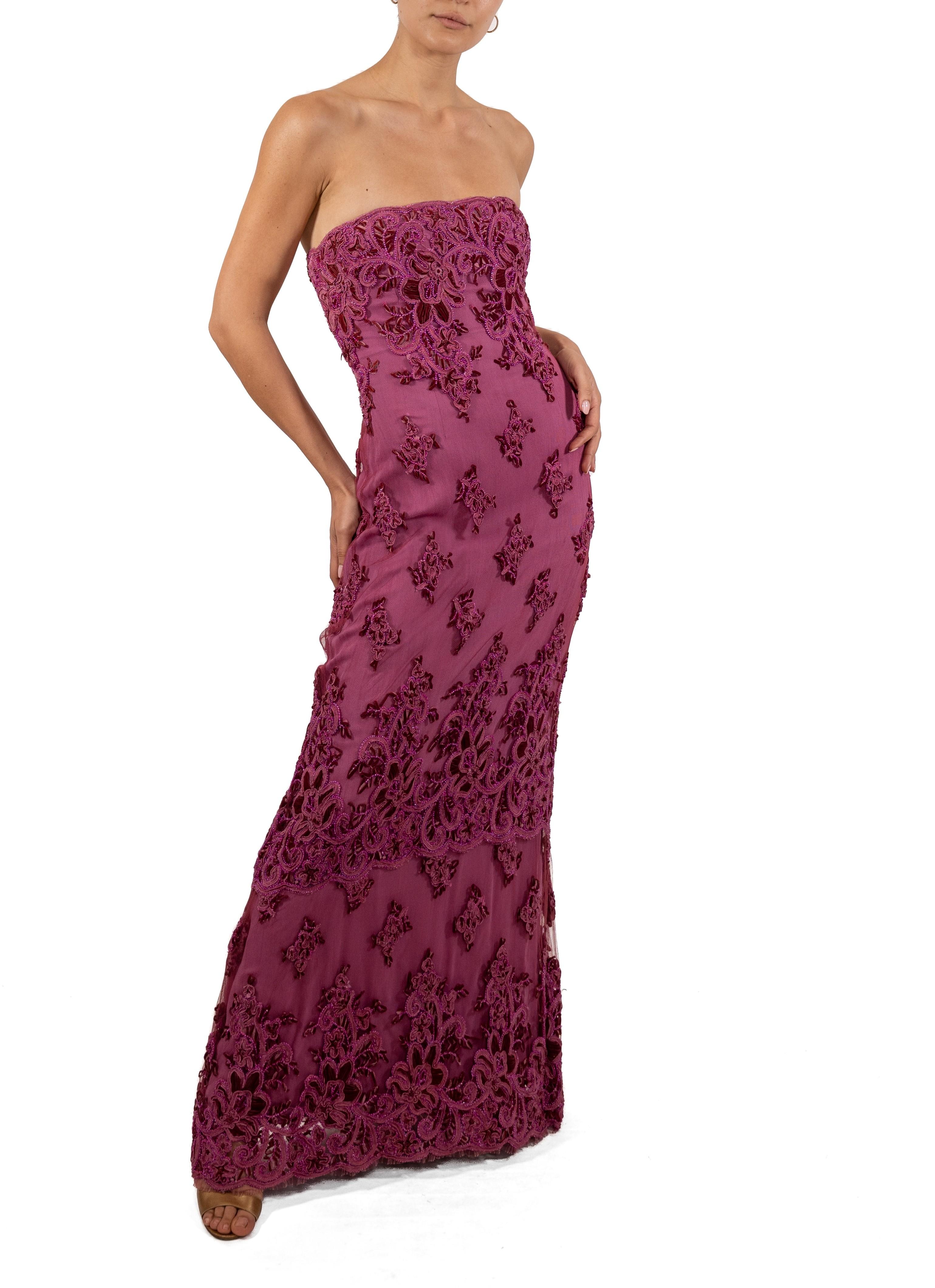1990S Fuchia Beaded Silk & Nylon Chantilly Lace Gown For Sale 4