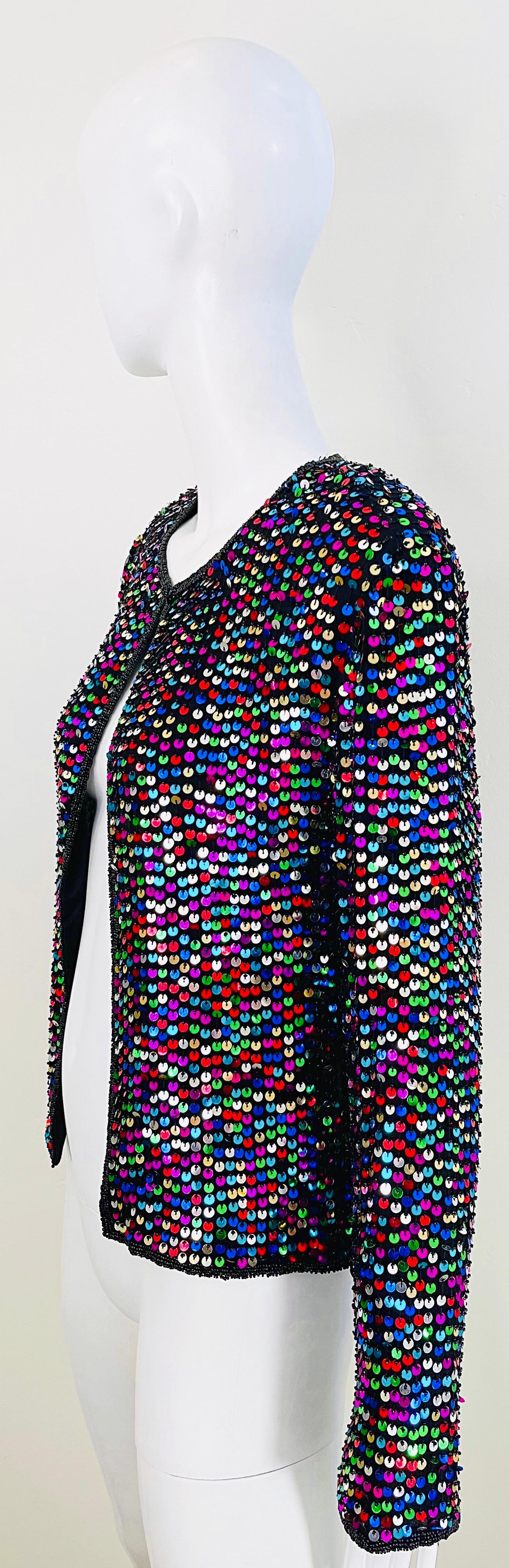 1990s Fully Sequined Beaded Size Large Colorful Silk 90s Vintage Cardigan Top For Sale 7