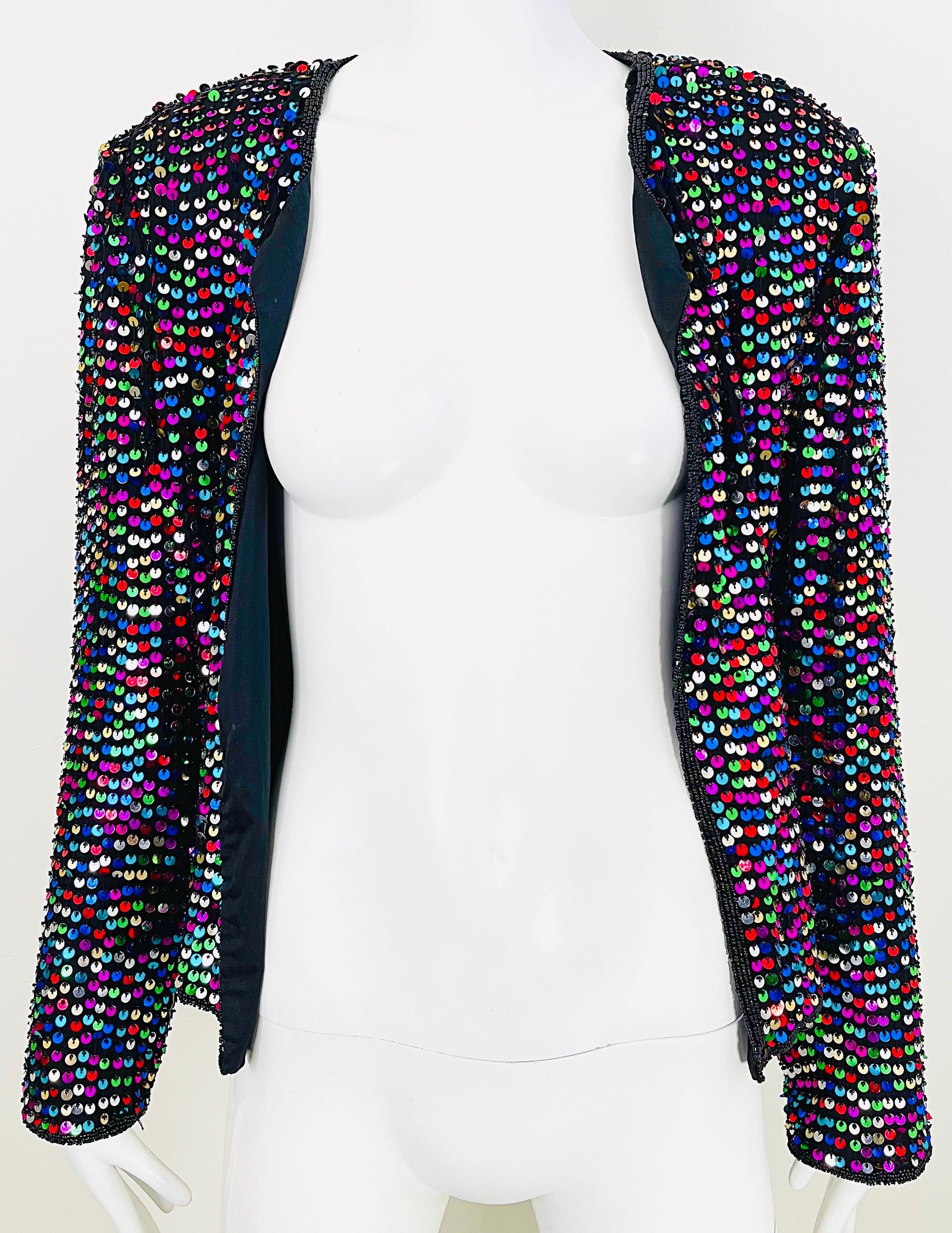 1990s Fully Sequined Beaded Size Large Colorful Silk 90s Vintage Cardigan Top For Sale 8