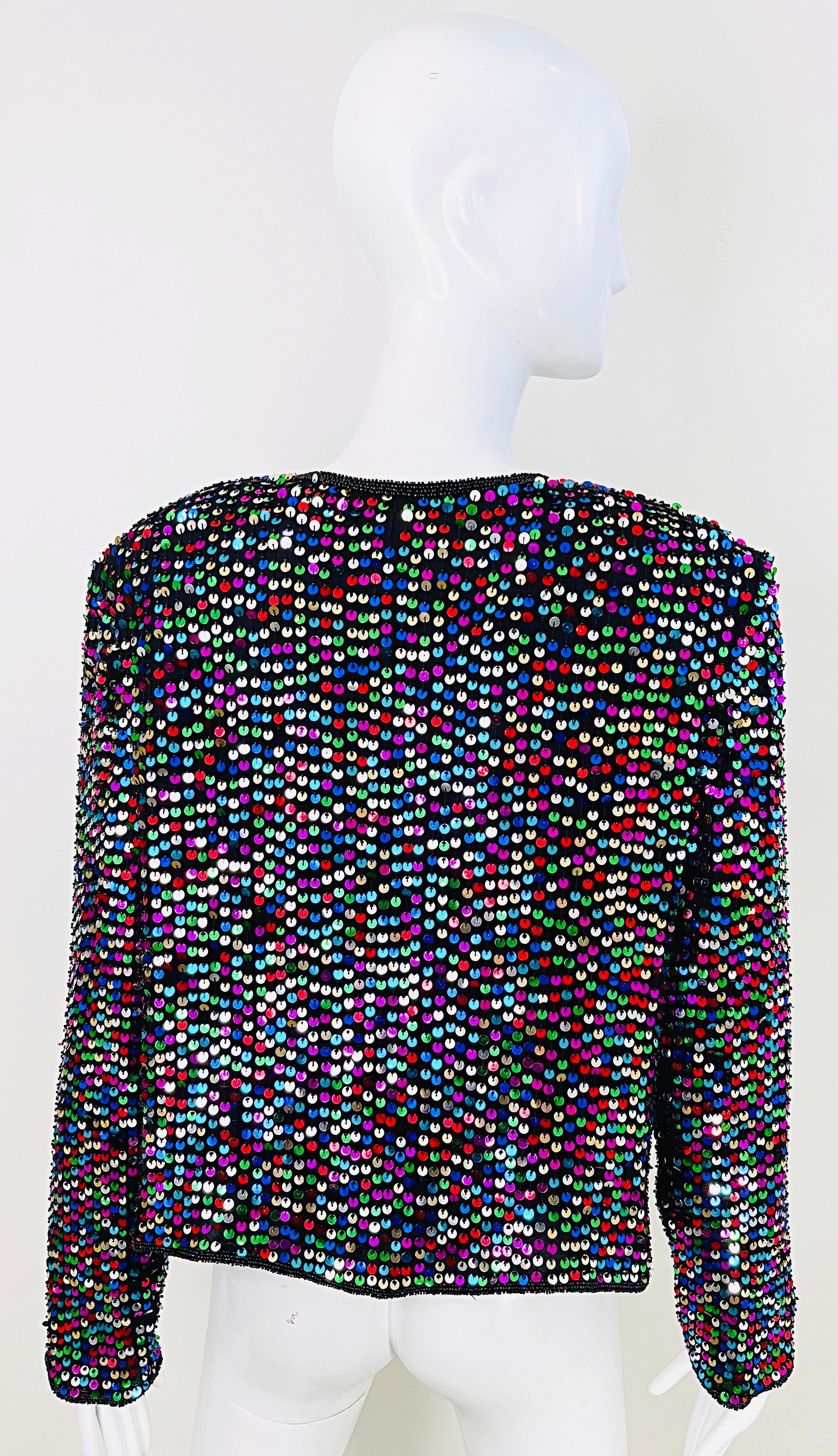 1990s Fully Sequined Beaded Size Large Colorful Silk 90s Vintage Cardigan Top For Sale 9