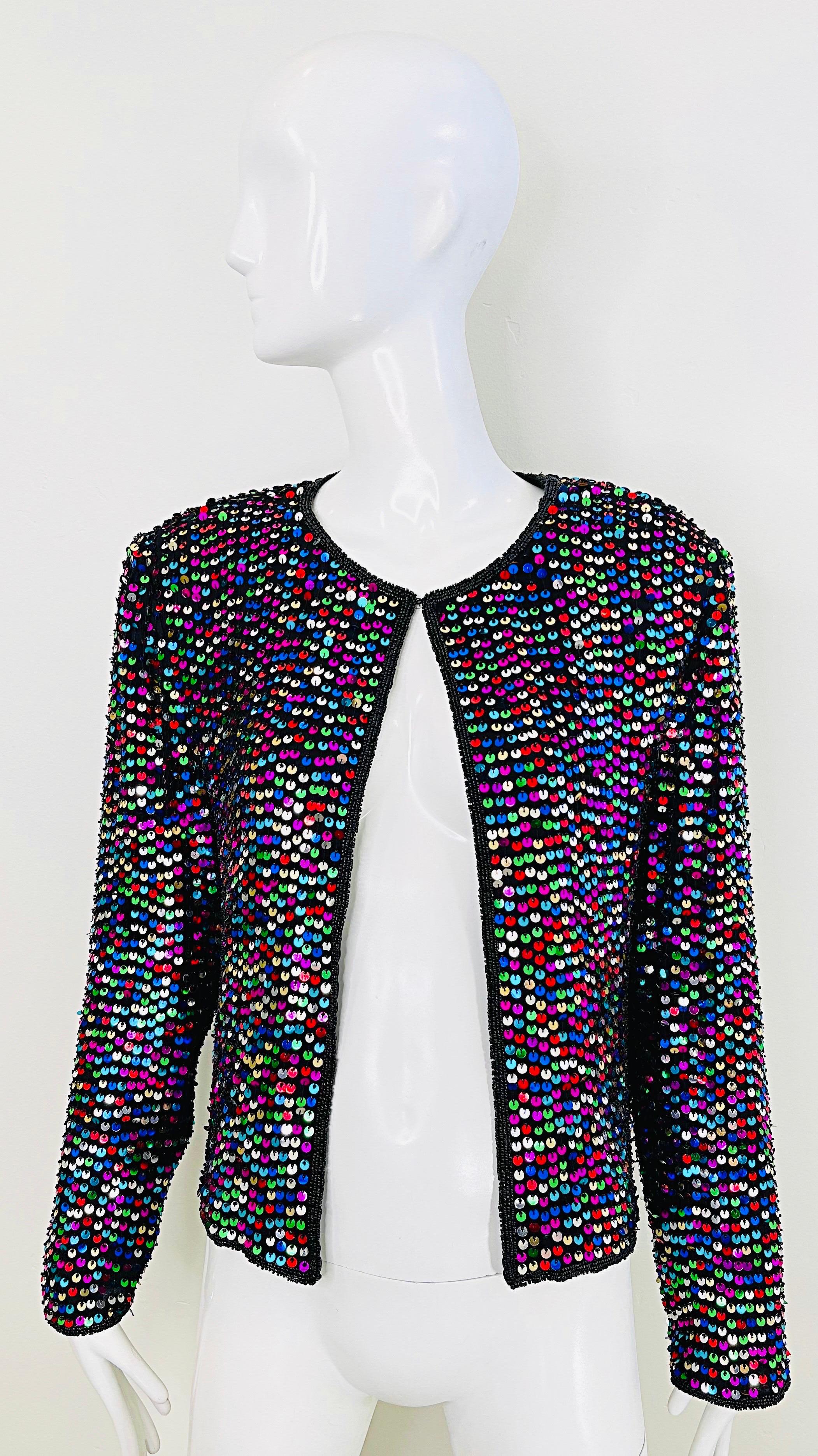 1990s Fully Sequined Beaded Size Large Colorful Silk 90s Vintage Cardigan Top For Sale 10