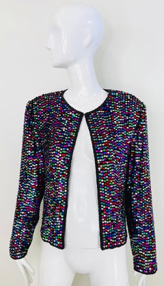 1990s Fully Sequined Beaded Size Large Colorful Silk 90s Vintage Cardigan Top