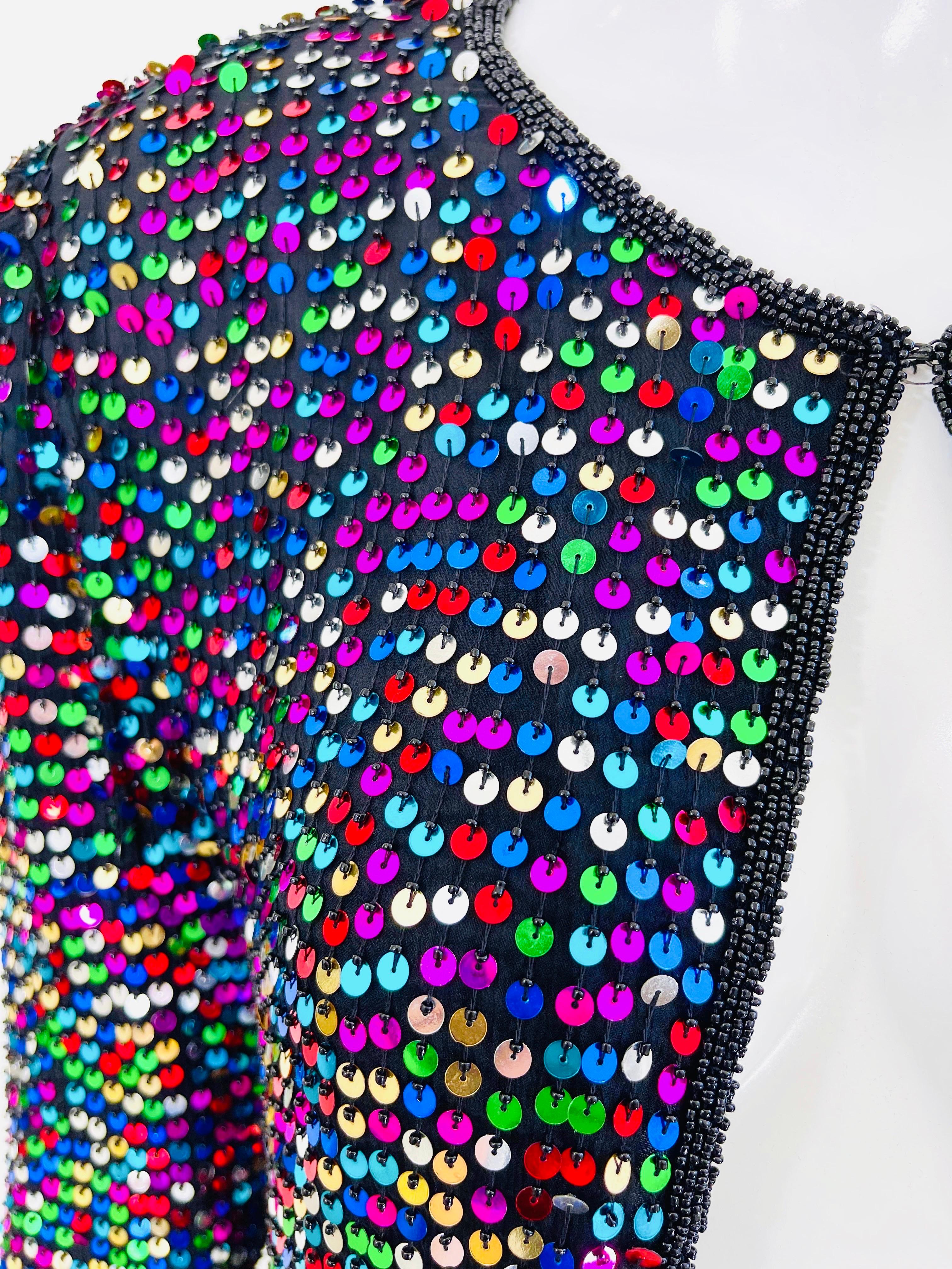 Black 1990s Fully Sequined Beaded Size Large Colorful Silk 90s Vintage Cardigan Top For Sale