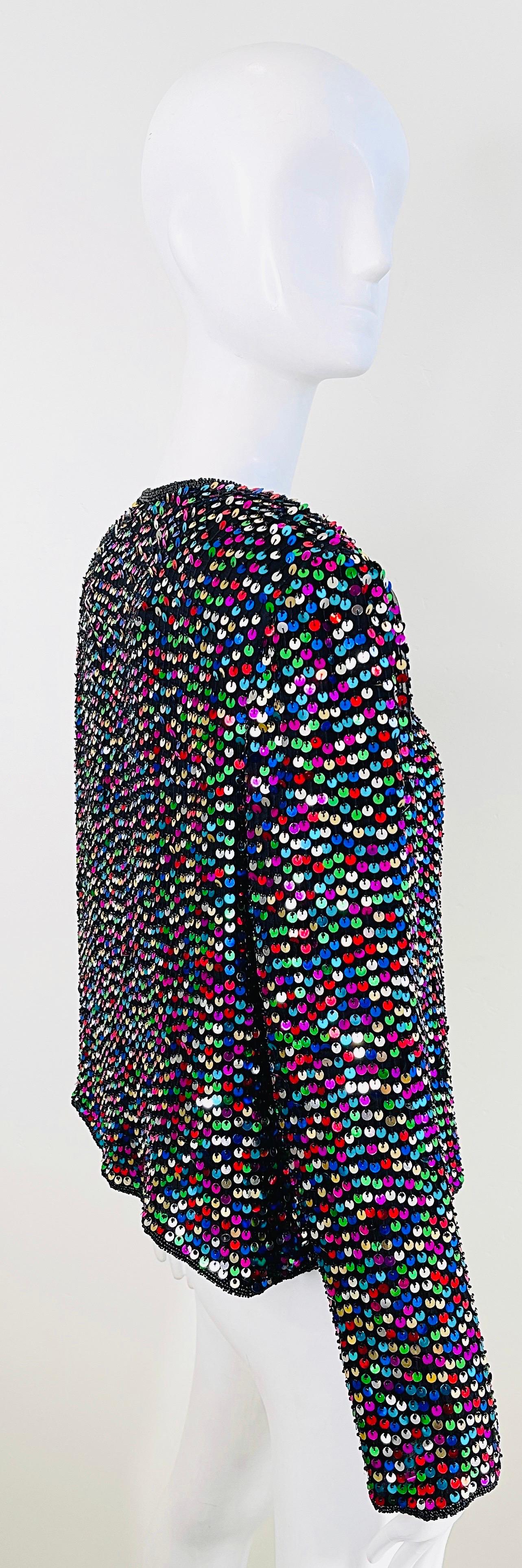 1990s Fully Sequined Beaded Size Large Colorful Silk 90s Vintage Cardigan Top In Excellent Condition For Sale In San Diego, CA