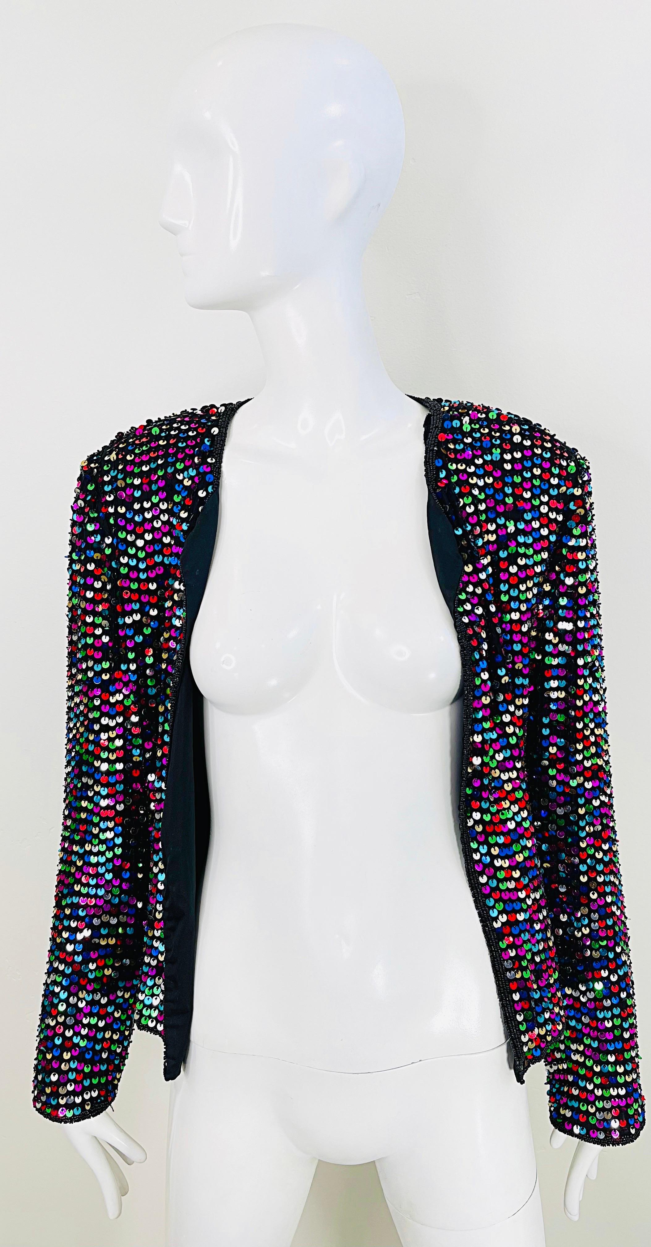 Women's 1990s Fully Sequined Beaded Size Large Colorful Silk 90s Vintage Cardigan Top For Sale
