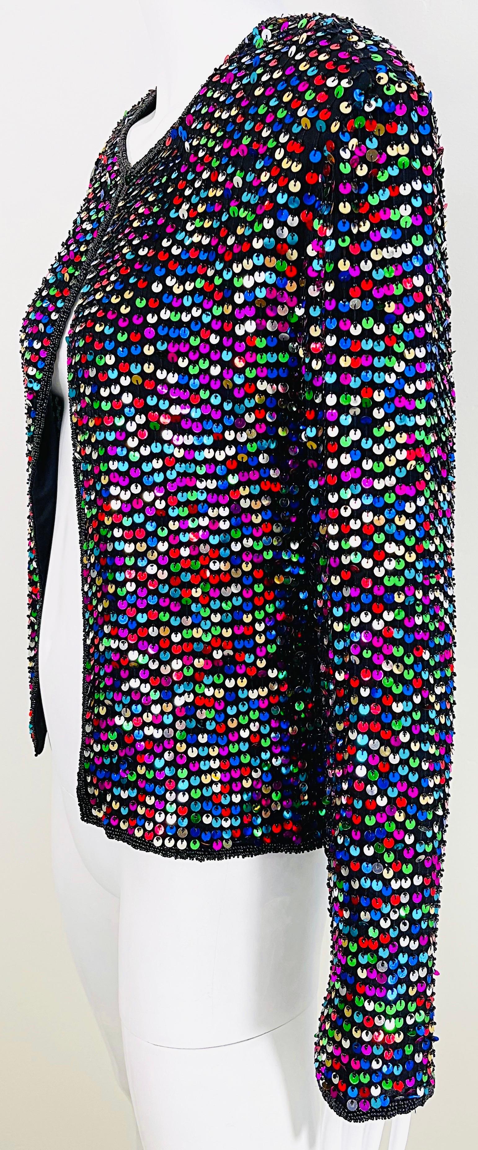 1990s Fully Sequined Beaded Size Large Colorful Silk 90s Vintage Cardigan Top For Sale 1