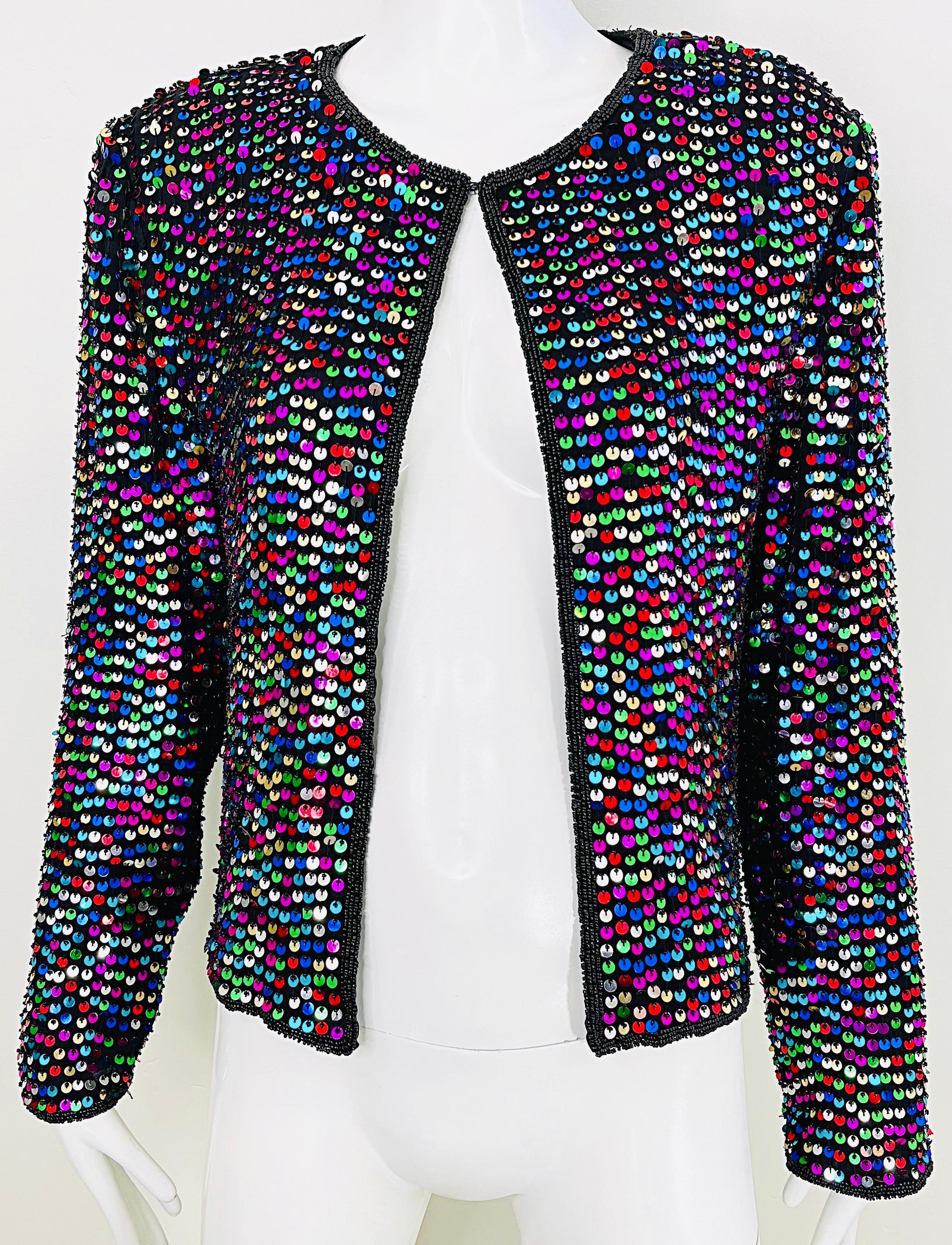 1990s Fully Sequined Beaded Size Large Colorful Silk 90s Vintage Cardigan Top For Sale 2