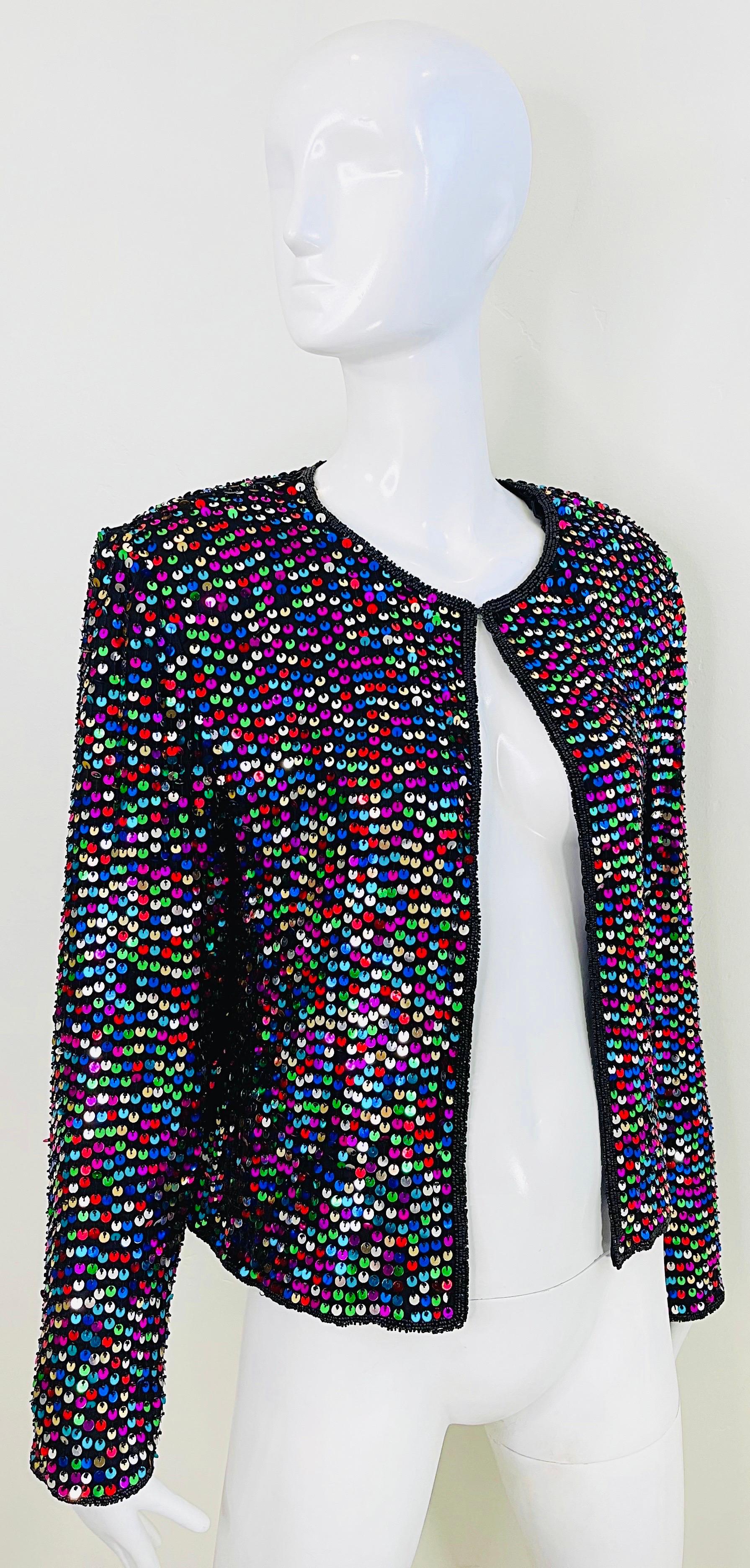1990s Fully Sequined Beaded Size Large Colorful Silk 90s Vintage Cardigan Top For Sale 3