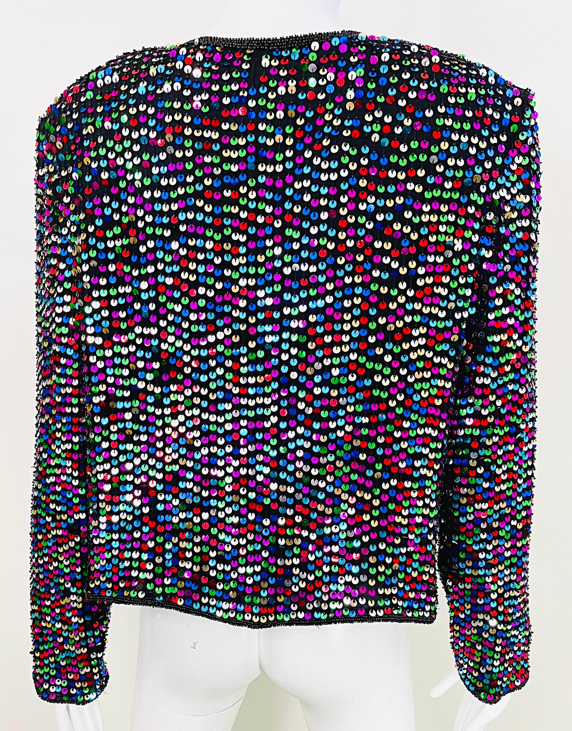 1990s Fully Sequined Beaded Size Large Colorful Silk 90s Vintage Cardigan Top For Sale 4
