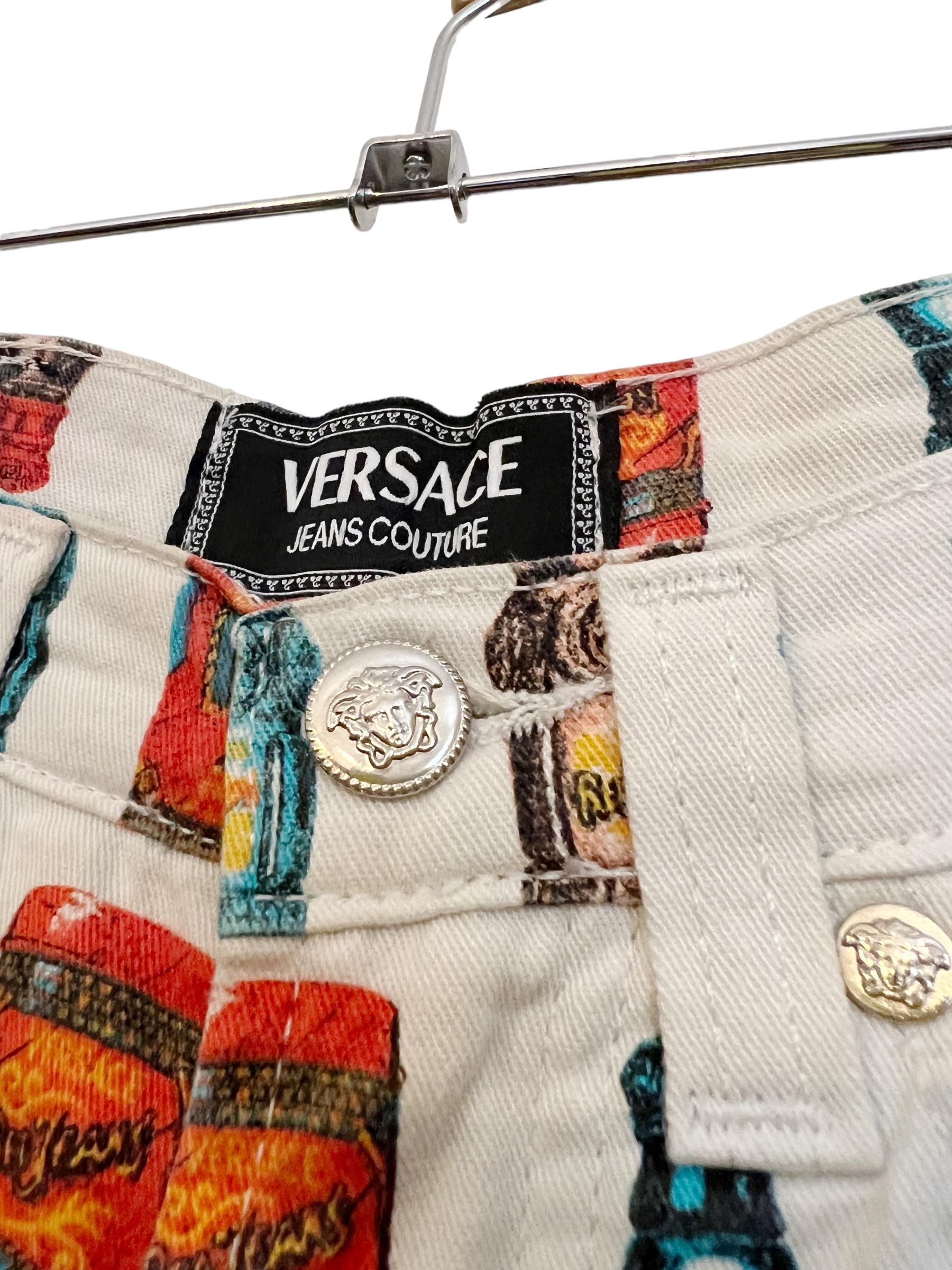 Women's or Men's 1990's Funky Gianni Versace High waisted Colourful Perfume Bottle pattern Jeans For Sale