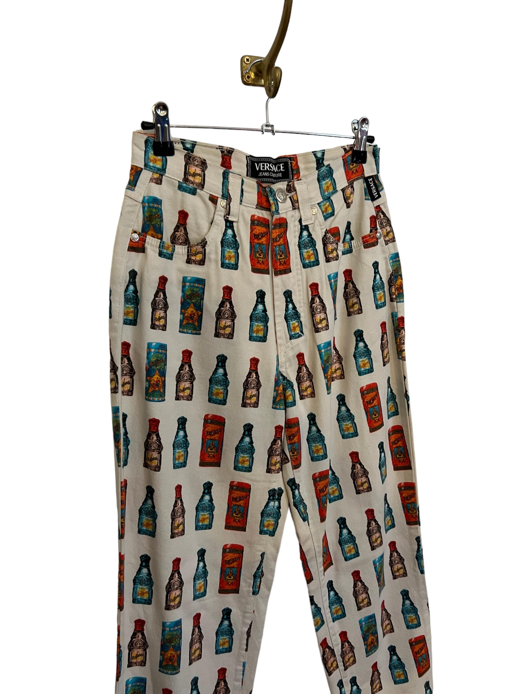 1990's Funky Gianni Versace High waisted Colourful Perfume Bottle pattern Jeans For Sale 1