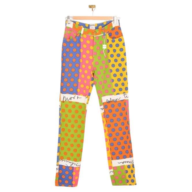 1990's Funky Vintage Moschino Colourful Polka Dot Pattern High waisted Jeans For Sale