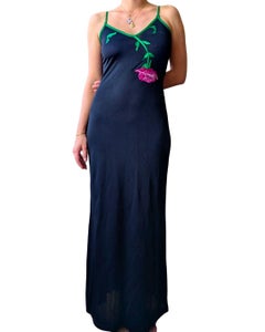 1990s Gai Mattiolo Black Bodycon Maxi Dress - Embroidered Floral Bust