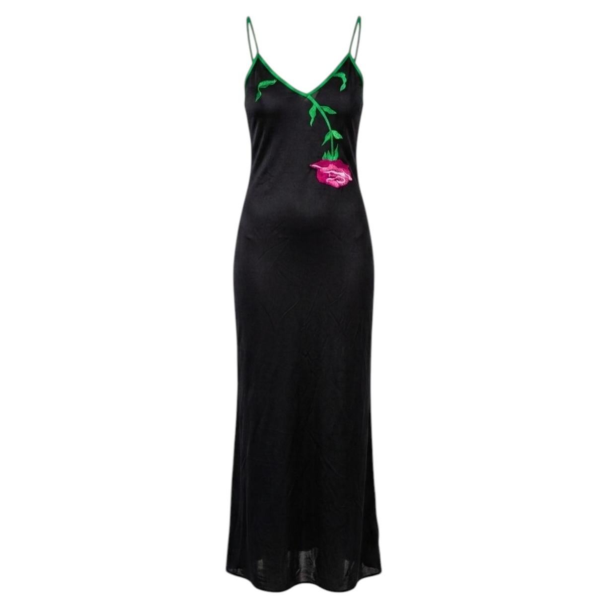 1990s Gai Mattiolo Black Bodycon Maxi Dress - Embroidered Floral Bust