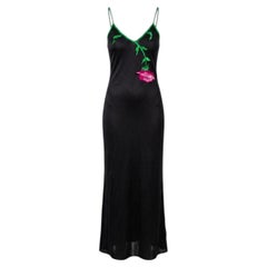 1990s Gai Mattiolo Black Bodycon Maxi Dress - Embroidered Floral Bust