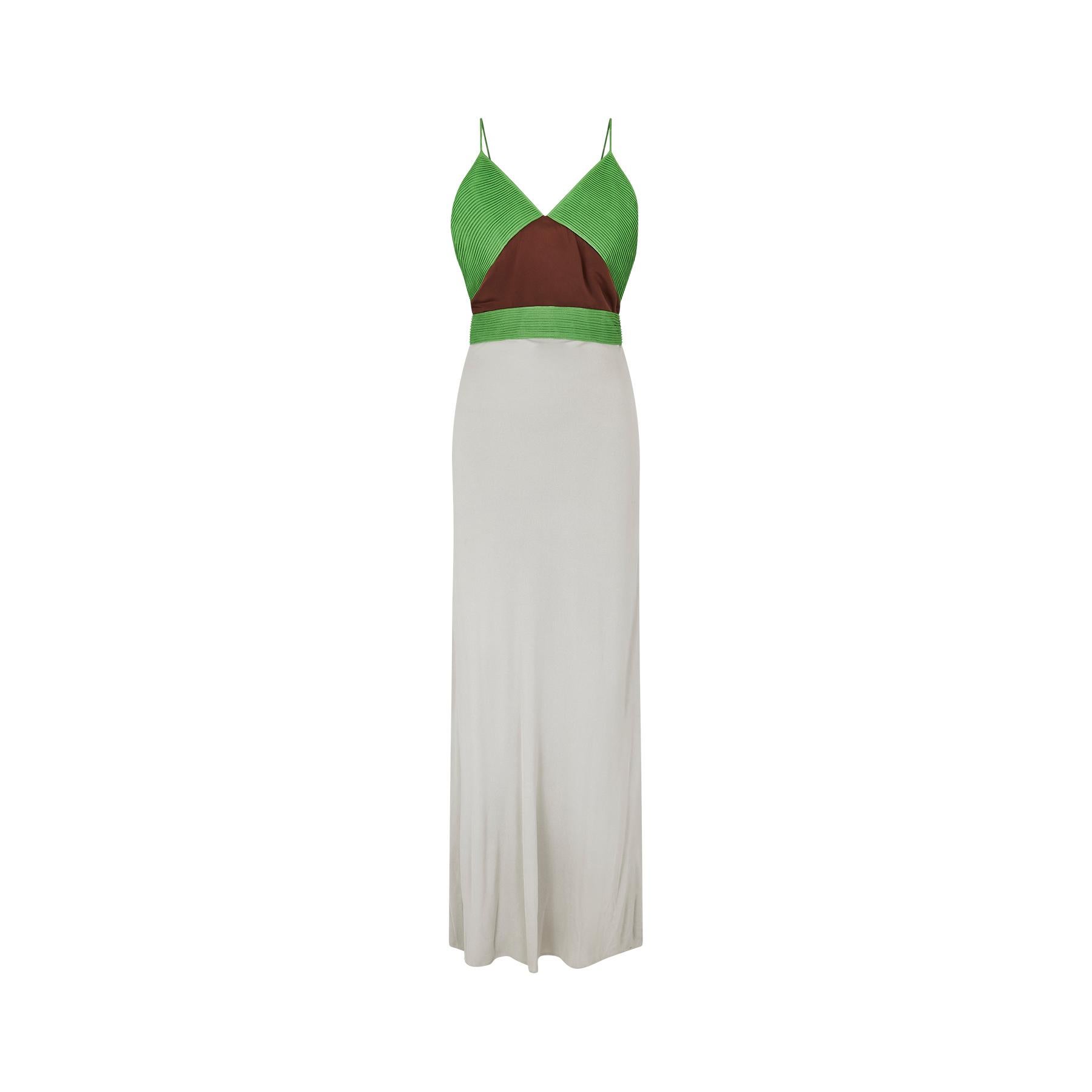 1990s Galanos Couture dress which looks very inspired by the French couturier Madame Gres. The dress has an unusual combination of colours; for the bodice, a deep lime green satin and brown and eau de nil silk crepe for the skirt and deep inverted