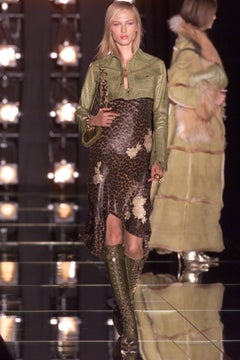 1990s Galliano Christian Dior Leopard Jersey Dress With Metallic Gold Lace