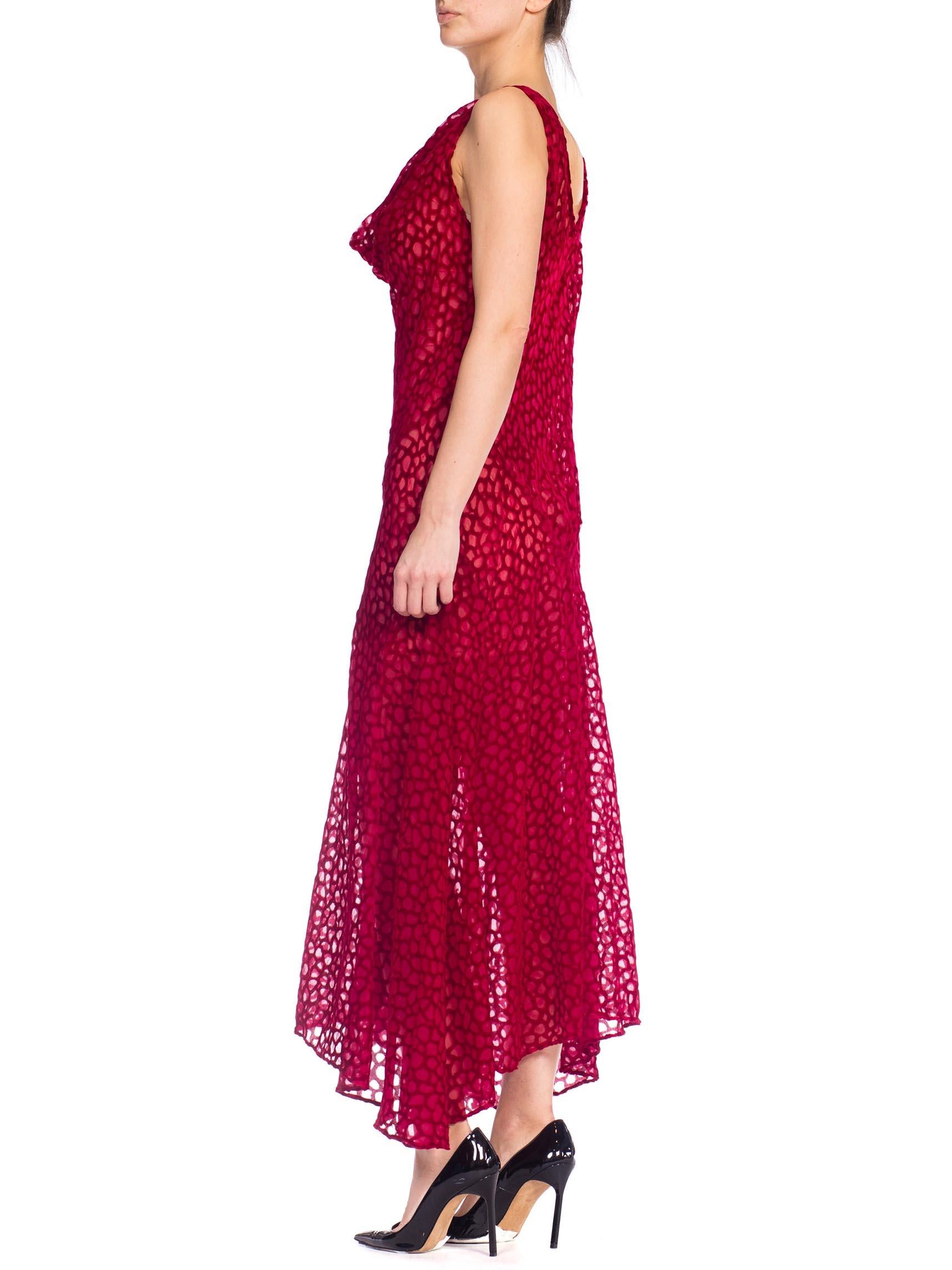 1990S JOHN GALLIANO Style Cranberry Red Bias Cut Rayon Blend Burnout Velvet Gown In Excellent Condition In New York, NY