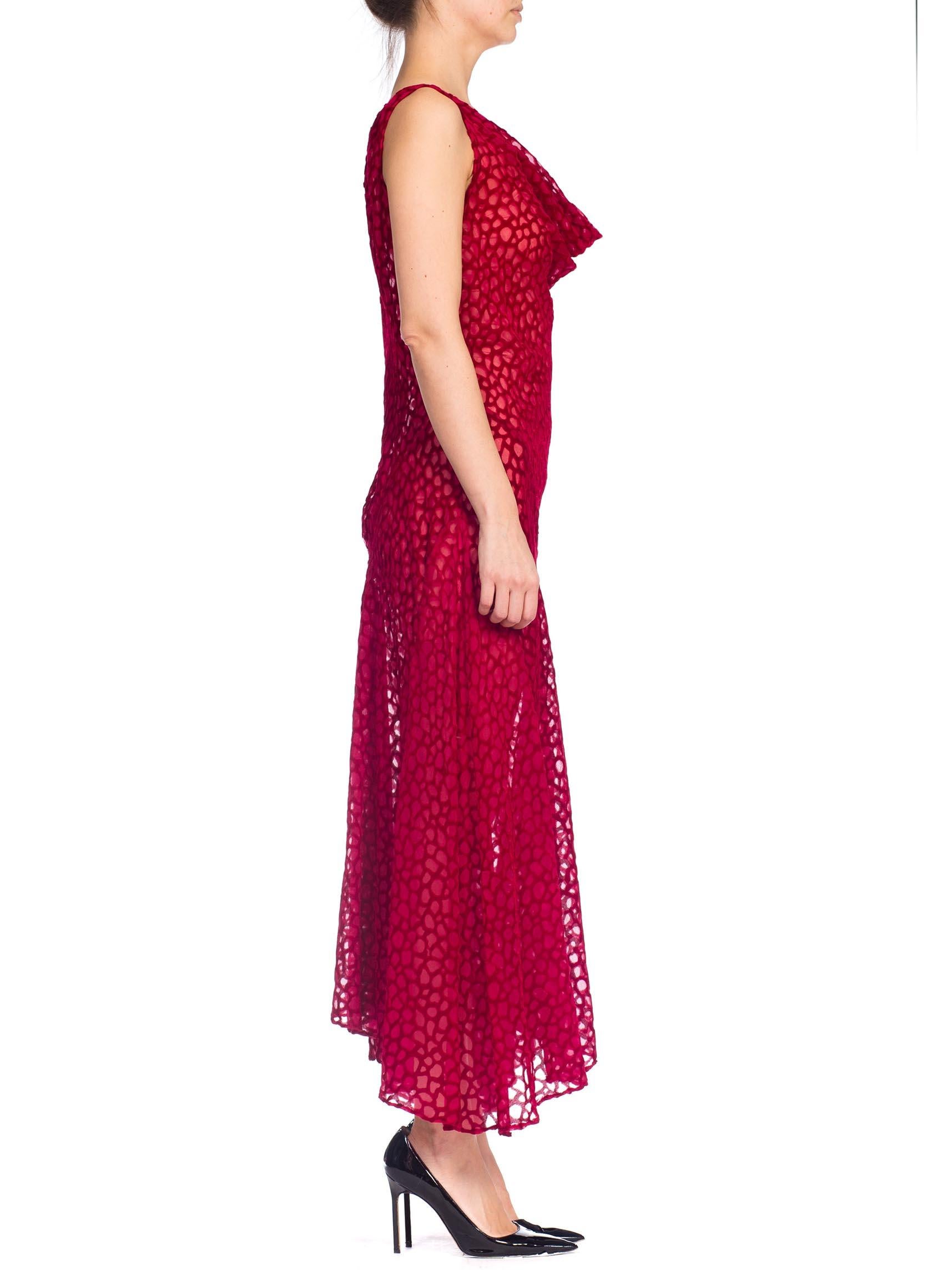 1990S JOHN GALLIANO Style Cranberry Red Bias Cut Rayon Blend Burnout Velvet Gown 1