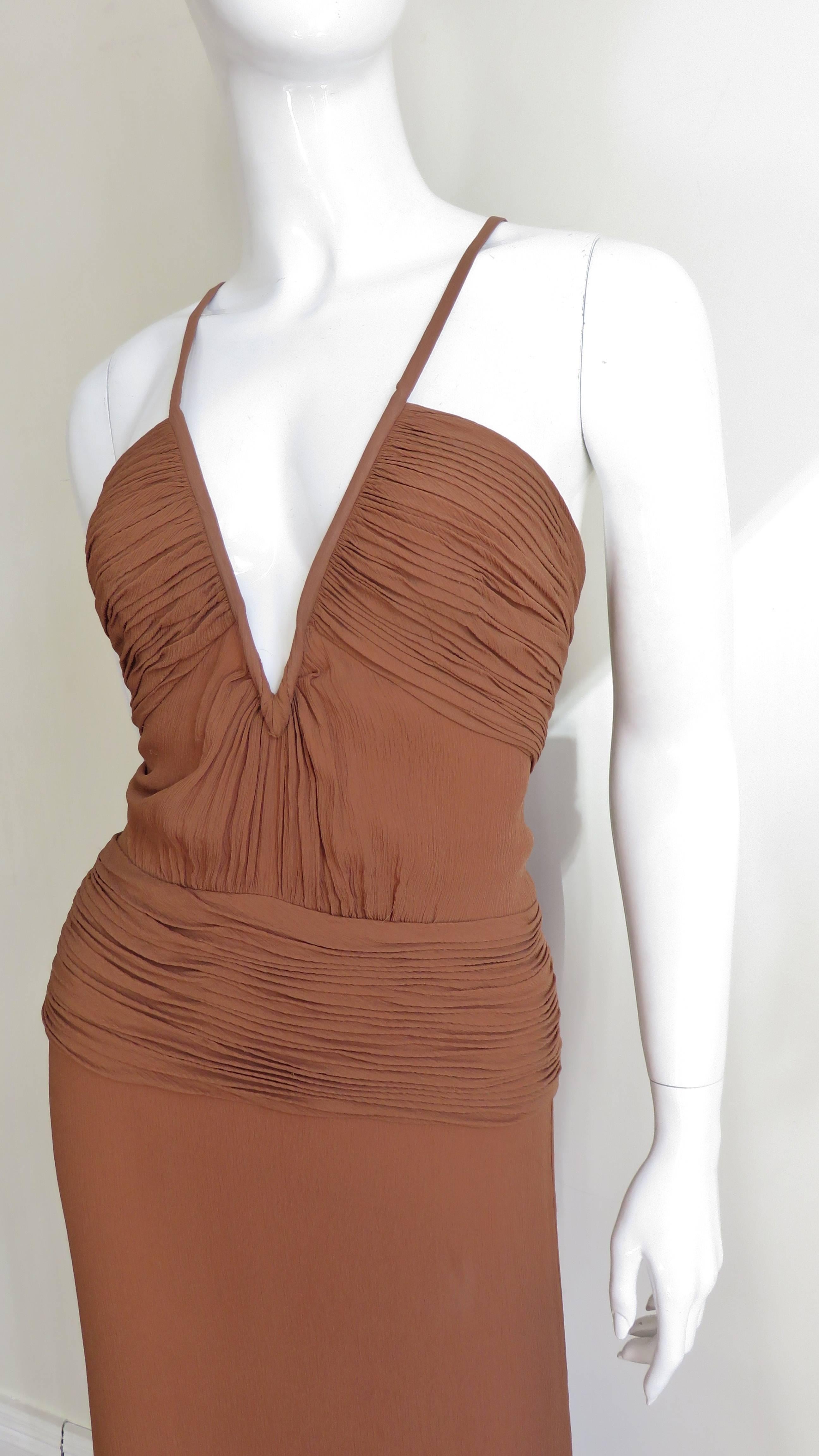 Brown Gianni Versace Ruched Silk Dress 1990s For Sale